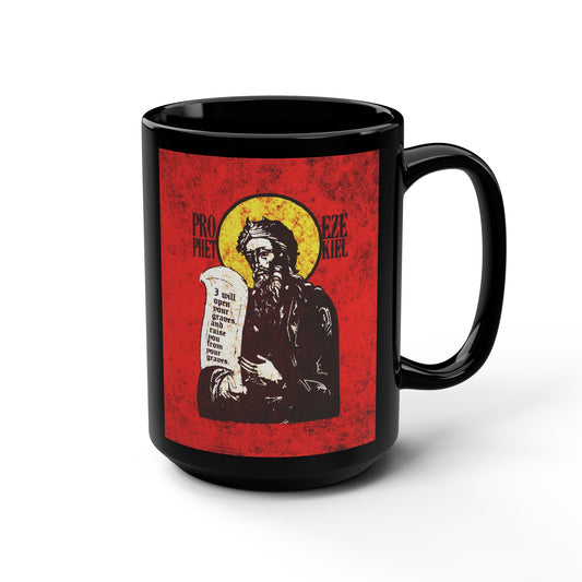 Prophet Ezekiel IconoGraphic | Textured, High Contrast Bright Red and Yellow Design | Old Testament | Orthodox Christian Black Mug