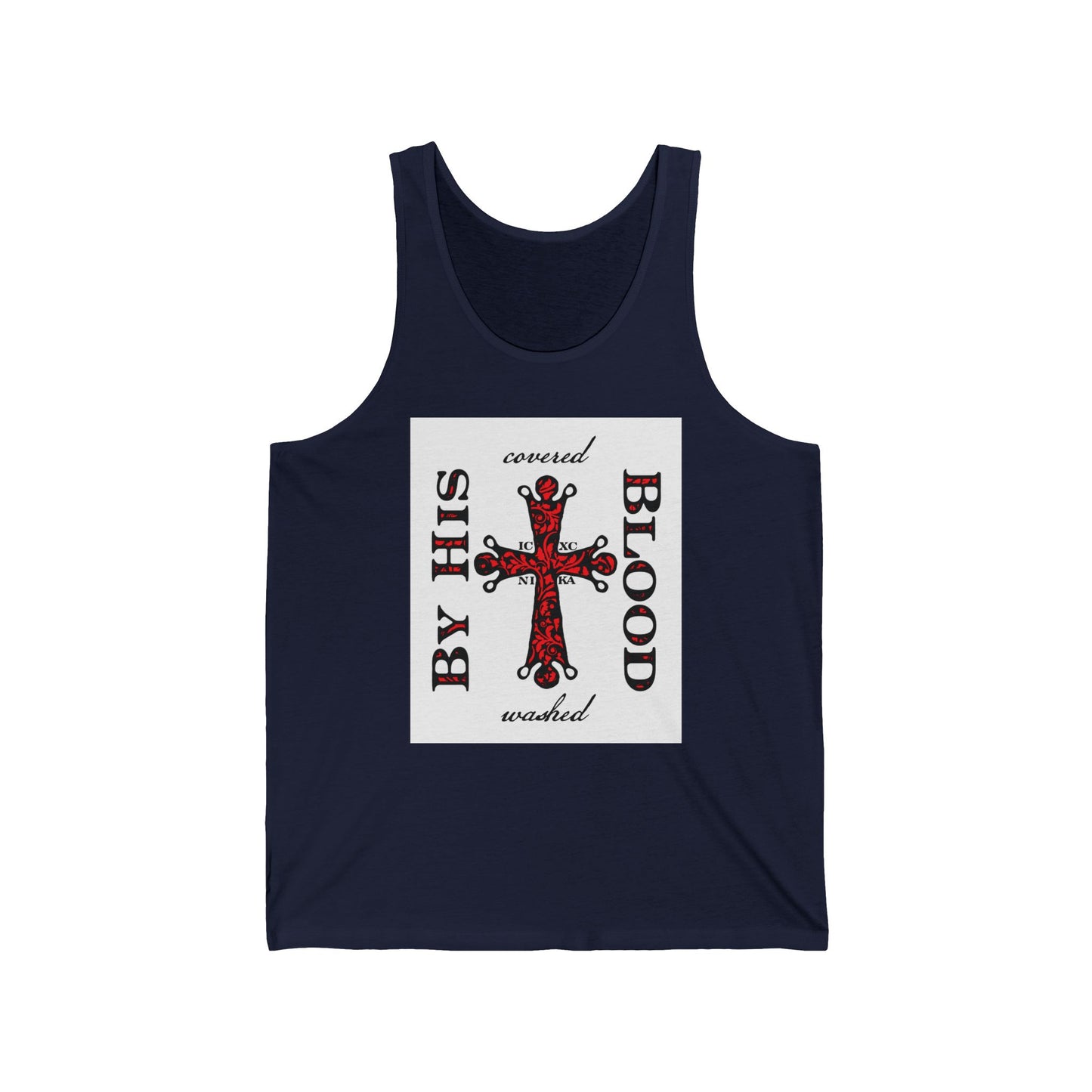 Washed/Covered By His Blood (1 John 1:7) | ICXC NIKA Ornate Red Orthodox Cross | Orthodox Christian Jersey Tank Top / Sleeveless Shirt