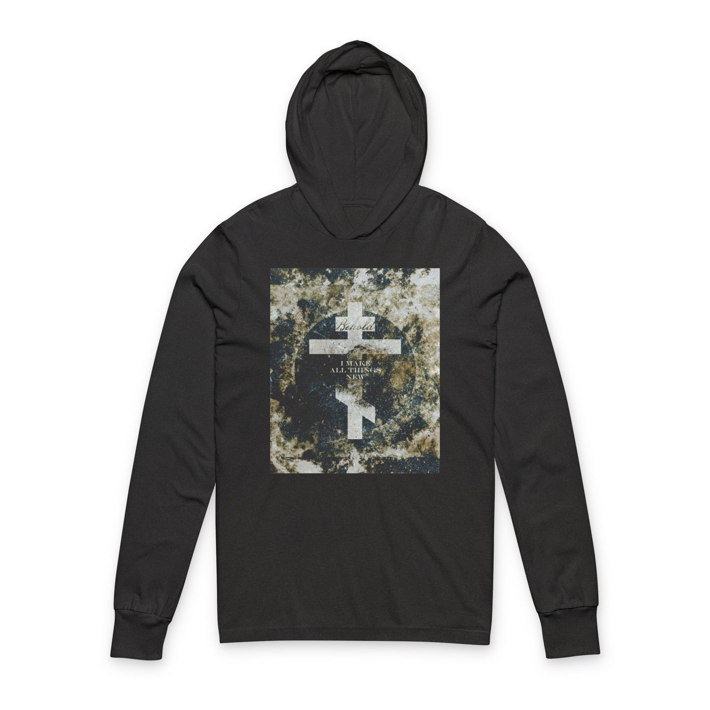 Behold, I Make All Things New | Revelation 21:5 | Cosmic Textured Orthodox Cross | Parousia | Orthodox Long Sleeve Hooded Shirt