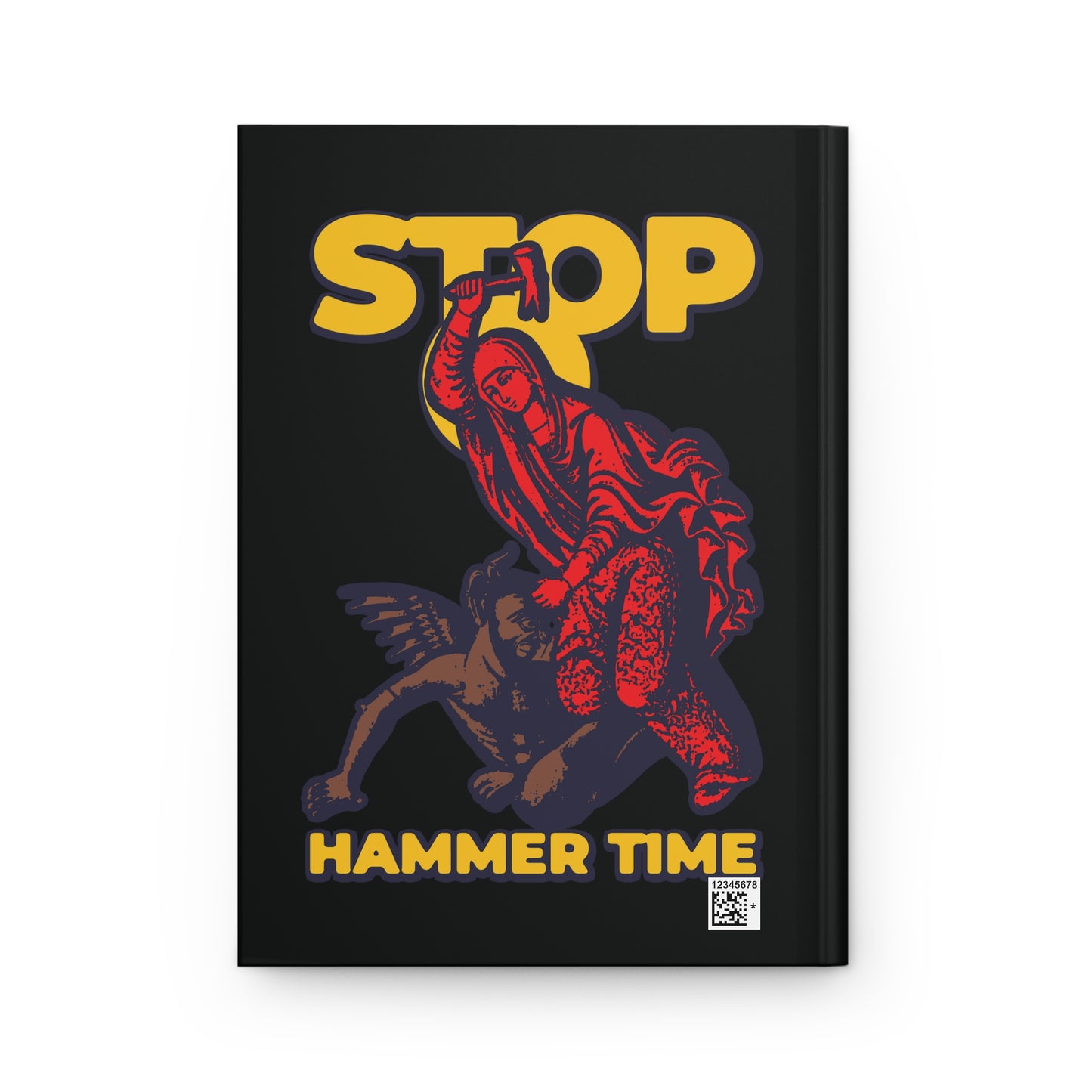 Illustration from the "St Marina of Antioch Beating the Devil with a Hammer | Stop, Hammer Time" journal, showing Saint Marina with a hammer over the devil, bold yellow "STOP HAMMER TIME" text, in red, blue, and yellow.