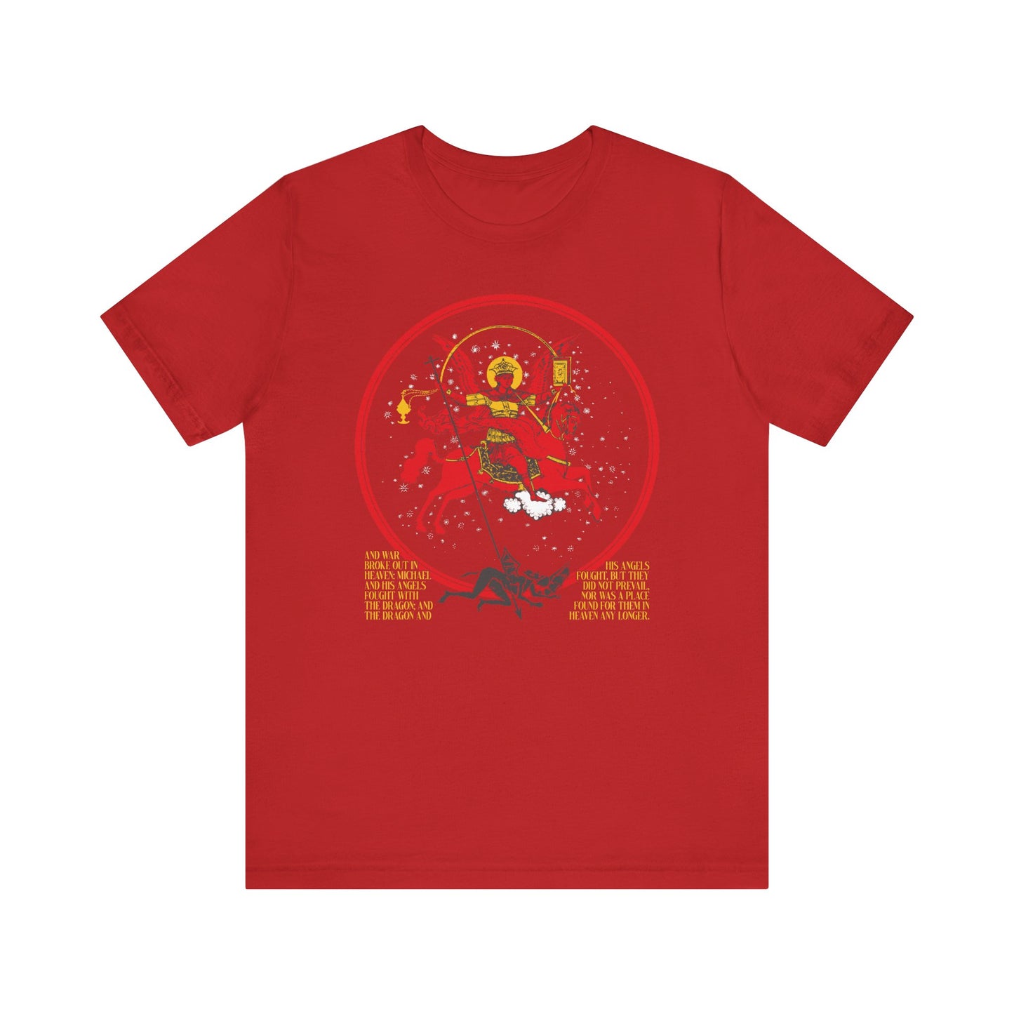 Red "Archangel Michael of the Apocalypse" lightweight cotton unisex t-shirt, featuring a circular space-themed graphic inspired by Revelation 12:7-9 and bold yellow sci-fi text, with Satan cast out in the War in Heaven.