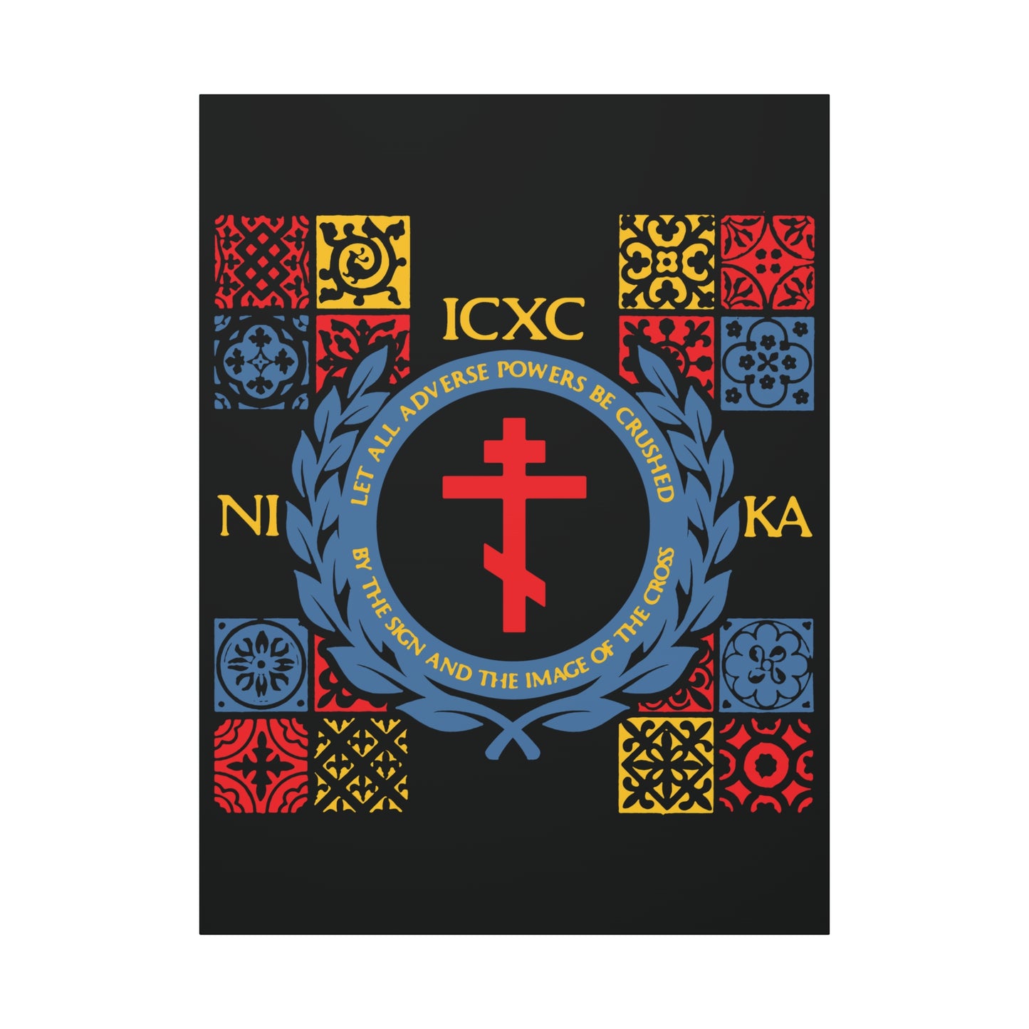 Let All Adverse Powers Be Crushed (Red, Yellow & Blue Design) | ICXC NIKA | Medieval Tile Design | Orthodox Christian Canvas Art