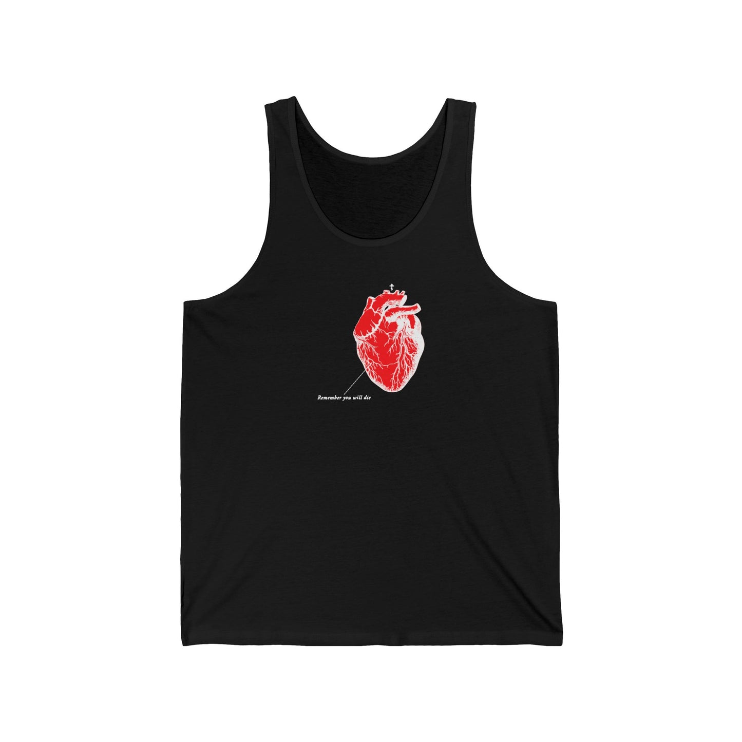 Unisex black tank top in light Airlume cotton, featuring a red anatomical heart design at the center with Remember you are alive text. Product Name: Remember You Will Die | Retro Medical Textbook Heart Design | Inverted Shadows | Orthodox Christian Tank Top.