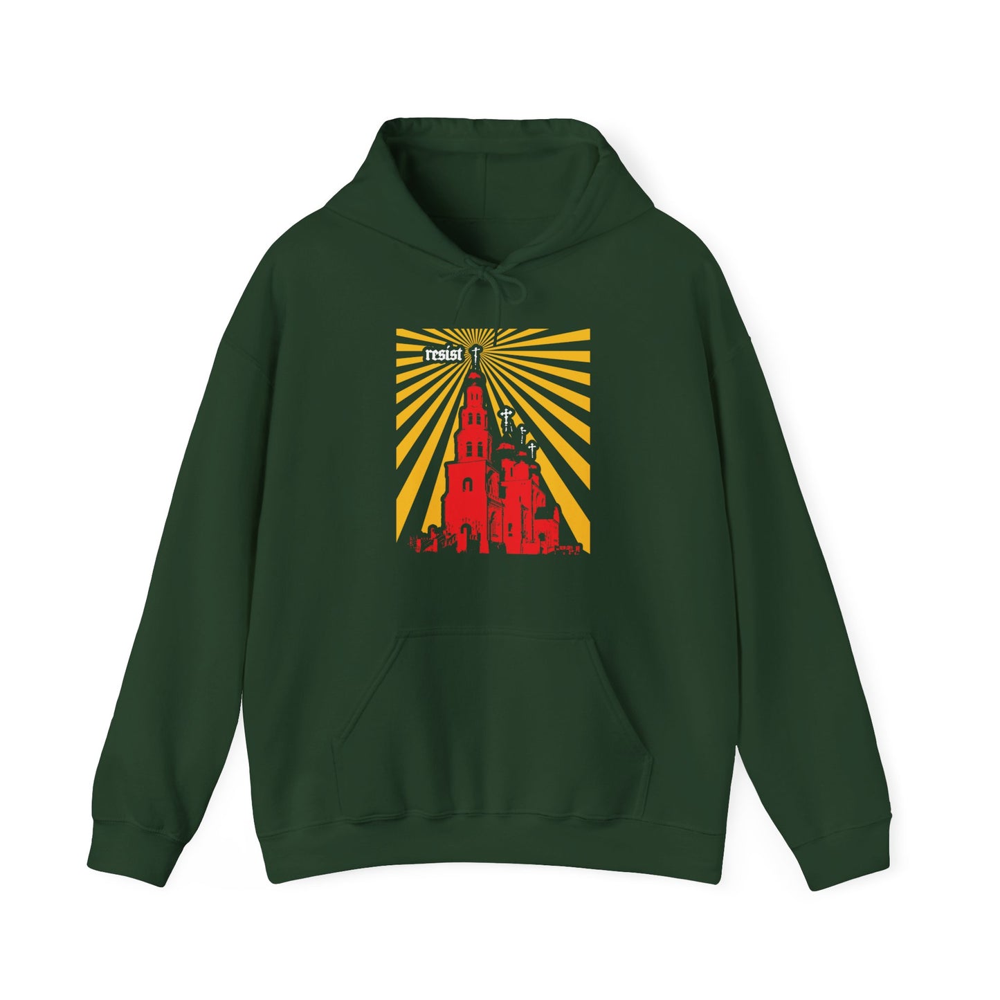 The “Resist (Orthodoxy Against the World) No. 1” Orthodox Christian Hoodie in forest green features a red building, yellow rays, raised fists, and “resist”—inspired by St Ignatius Brianchaninov’s call to stand firm in faith.