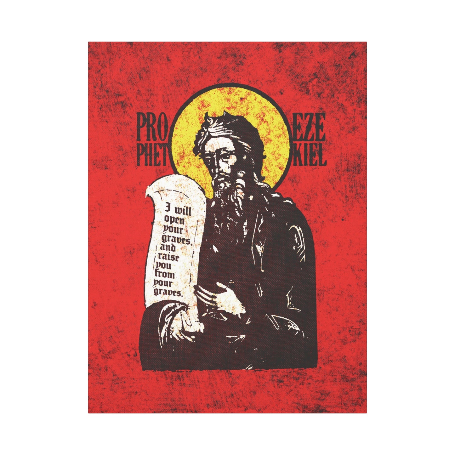 Prophet Ezekiel IconoGraphic | Textured, High Contrast Bright Red and Yellow Design | Old Testament | Orthodox Christian Canvas Art