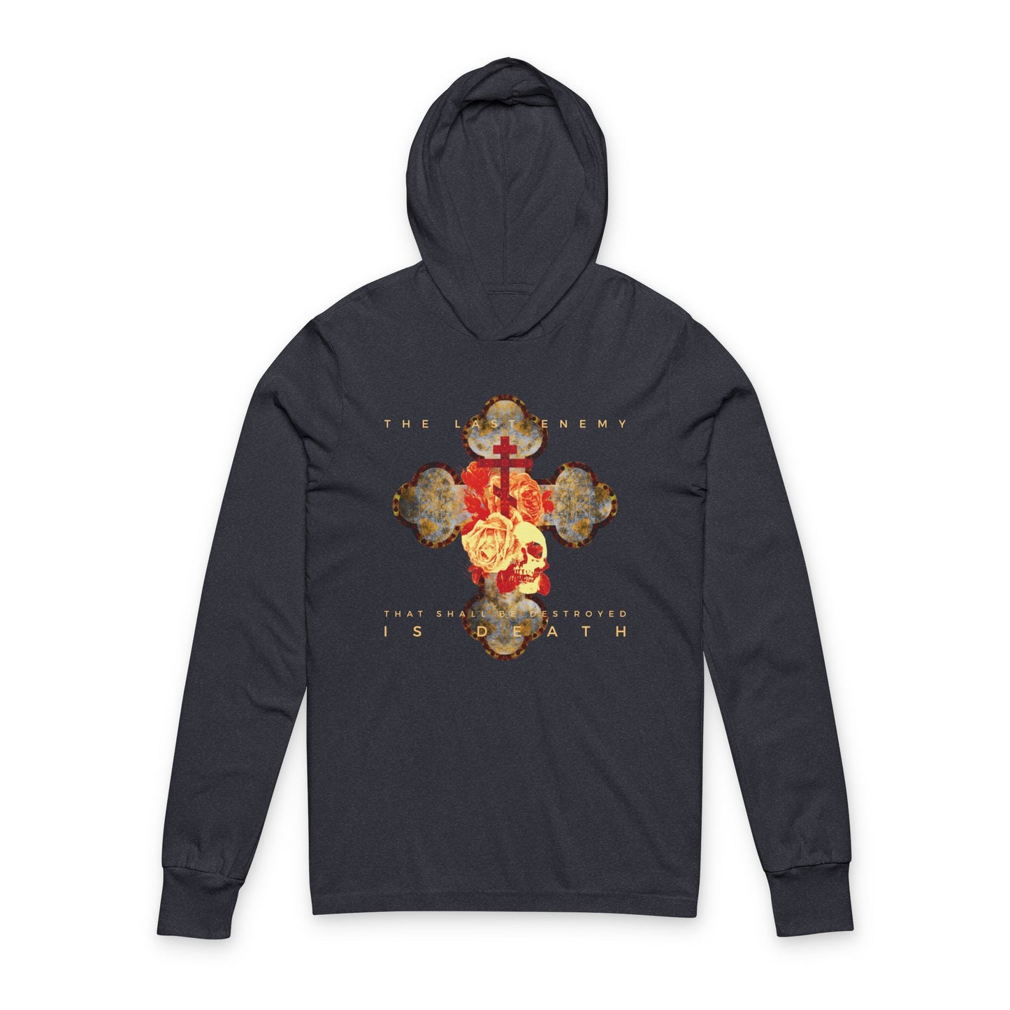 The Remembrance of Death “Final Enemy That Shall Be Destroyed Is Death (1 Cor 15:26)” hoodie features a black design with a metallic red and gold Gothic cross, skull, and rose, plus the text: “The last enemy that shall be destroyed is death.”.