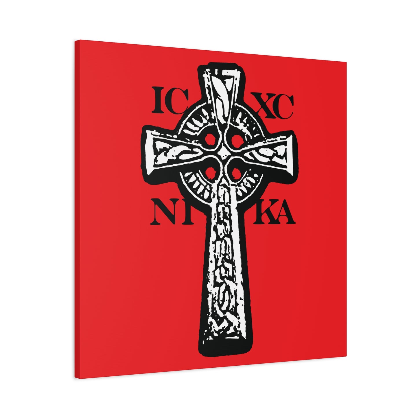 The ICXC NIKA Celtic Knotwork Cross features a bold black and white cross with Greek letters on a vivid red background—traditional Orthodox Christian wall art celebrating "Jesus Christ Conquers.