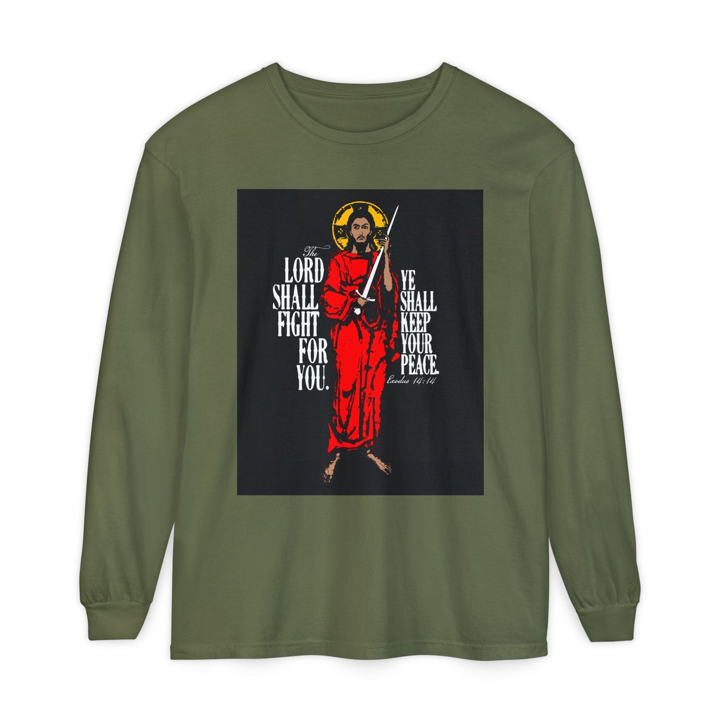 The Lord Shall Fight For You (Exodus 14:14) | Jesus Christ with Sword IconoGraphic | Orthodox Christian Long Sleeve Shirt