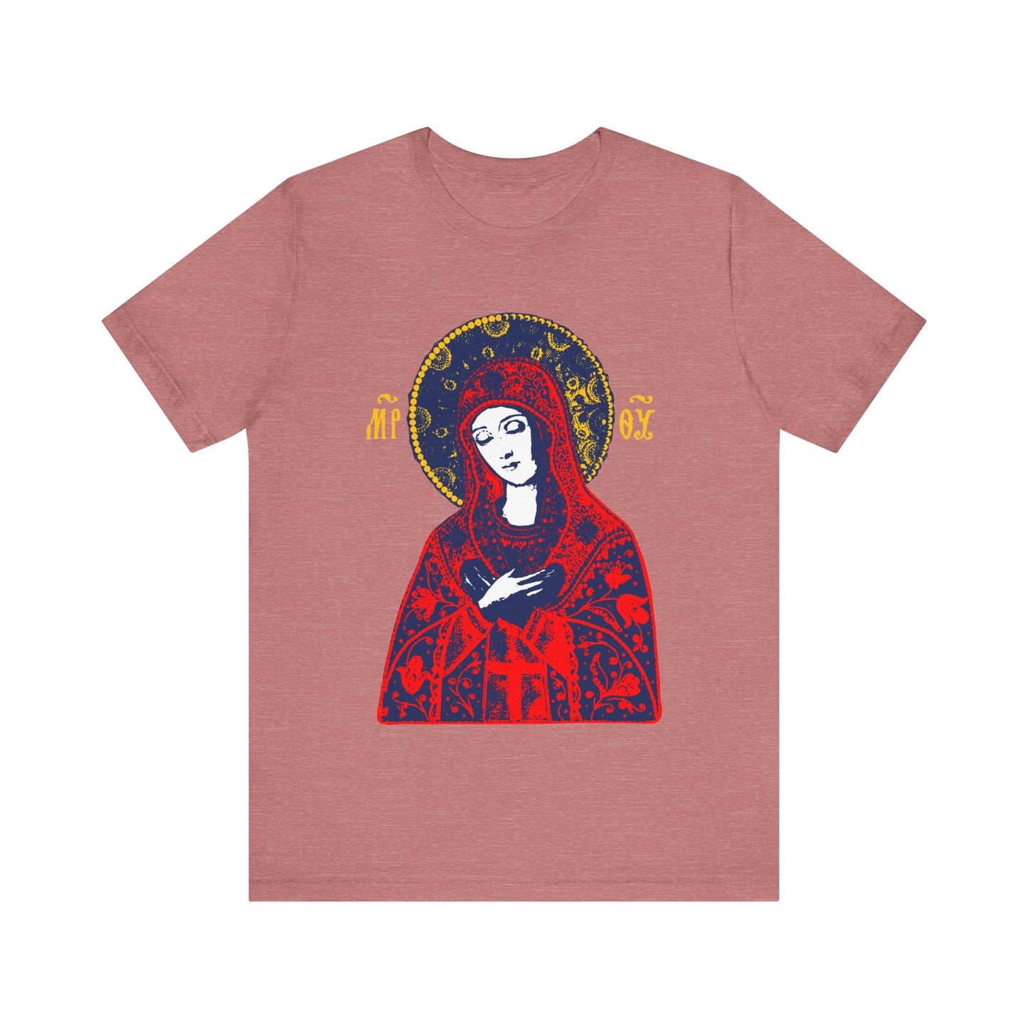 Heather Mauve "Joy of All Joys Tenderness Theotokos" t-shirt features traditional Orthodox iconography in a bright red design, depicting the Virgin Mary with a decorative gold halo.