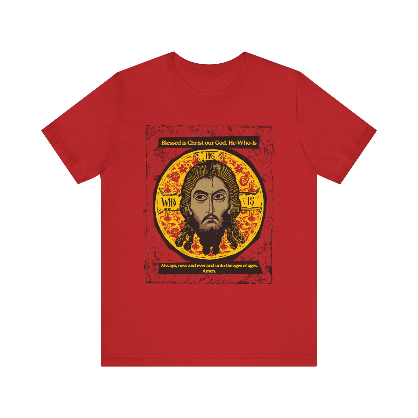 Red “Made Without Hands” lightweight cotton tee features an icon-style image of Jesus (Mandylion/Image of Edessa) and gold text: “Blessed is Christ our God, He-Who-Is”—inspired by Orthodox hymns. Unisex Christian graphic design.