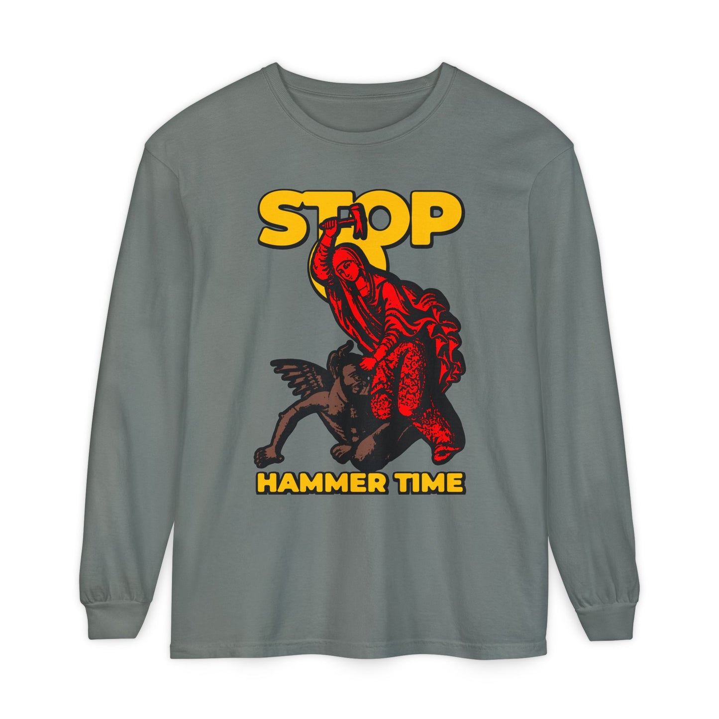 Gray long-sleeve shirt featuring “Stop, Hammer Time” and St Marina of Antioch beating the devil with a hammer—a modern Orthodox meme in red, blue, and yellow inspired by legendary saints’ bravery.