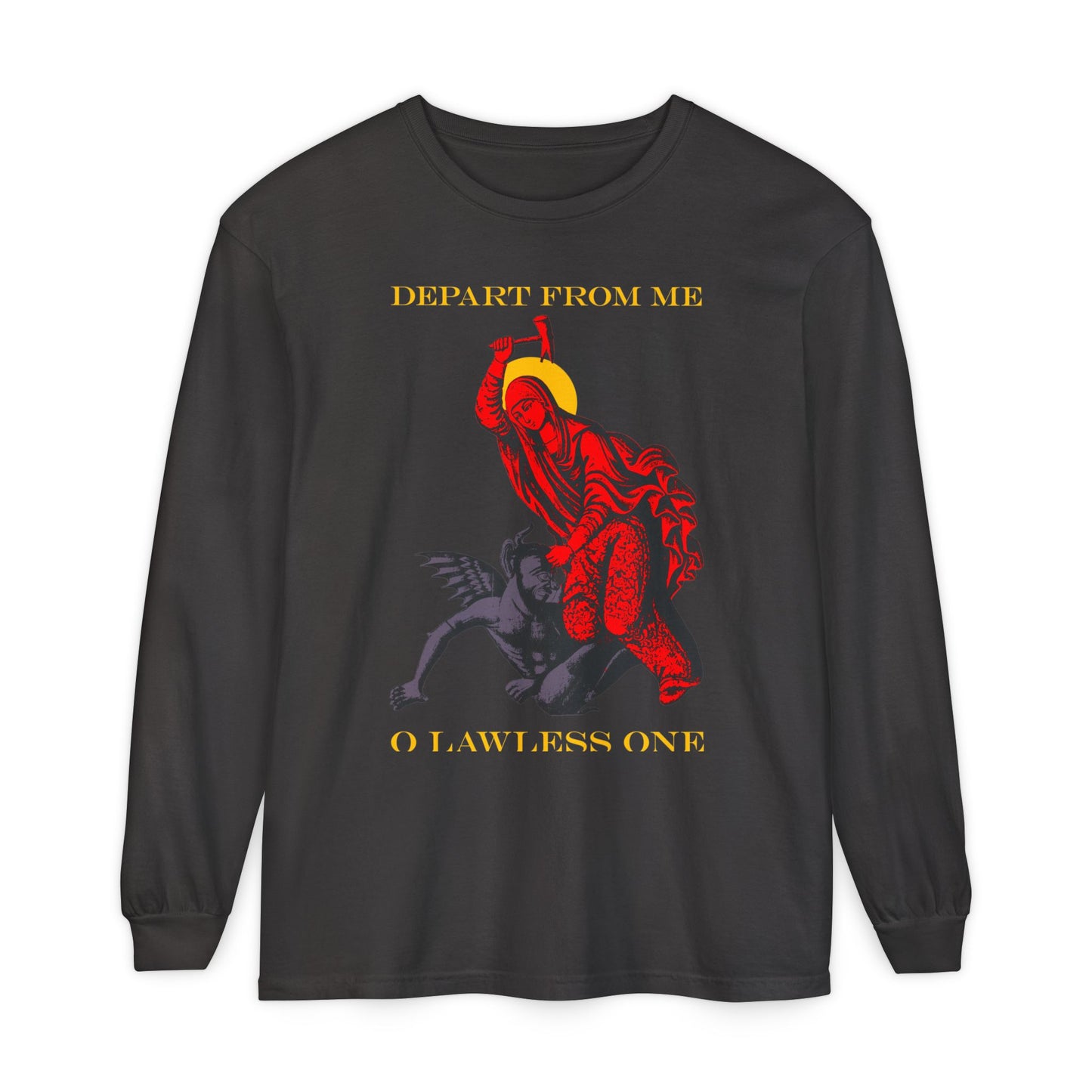 St Marina IconoGraphic (Depart from Me O Lawless One) | Saint Beating the Devil with a Hammer | Orthodox Christian Cotton Long Sleeve Shirt