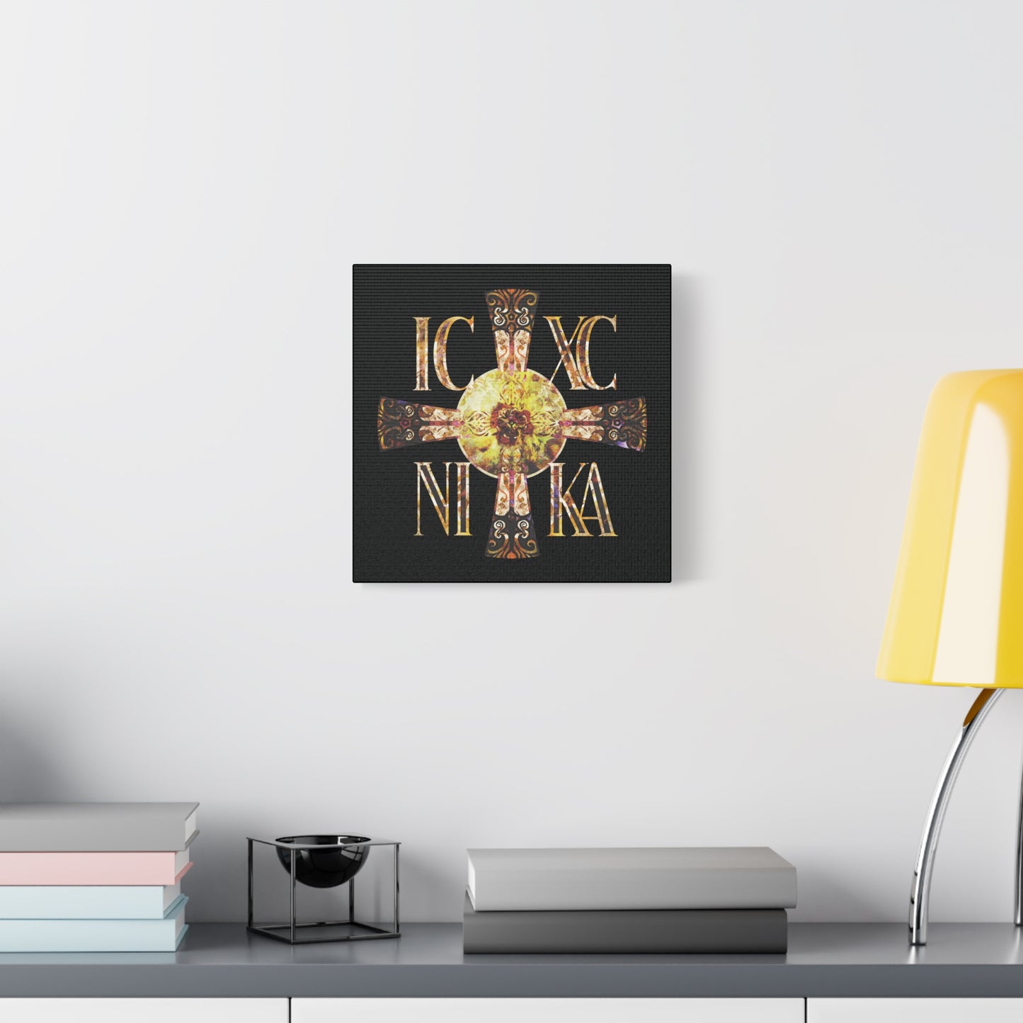 ICXC NIKA Celtic Style Equal Armed Cross | Bright Solar Texture | Orthodox Christian Canvas Art
