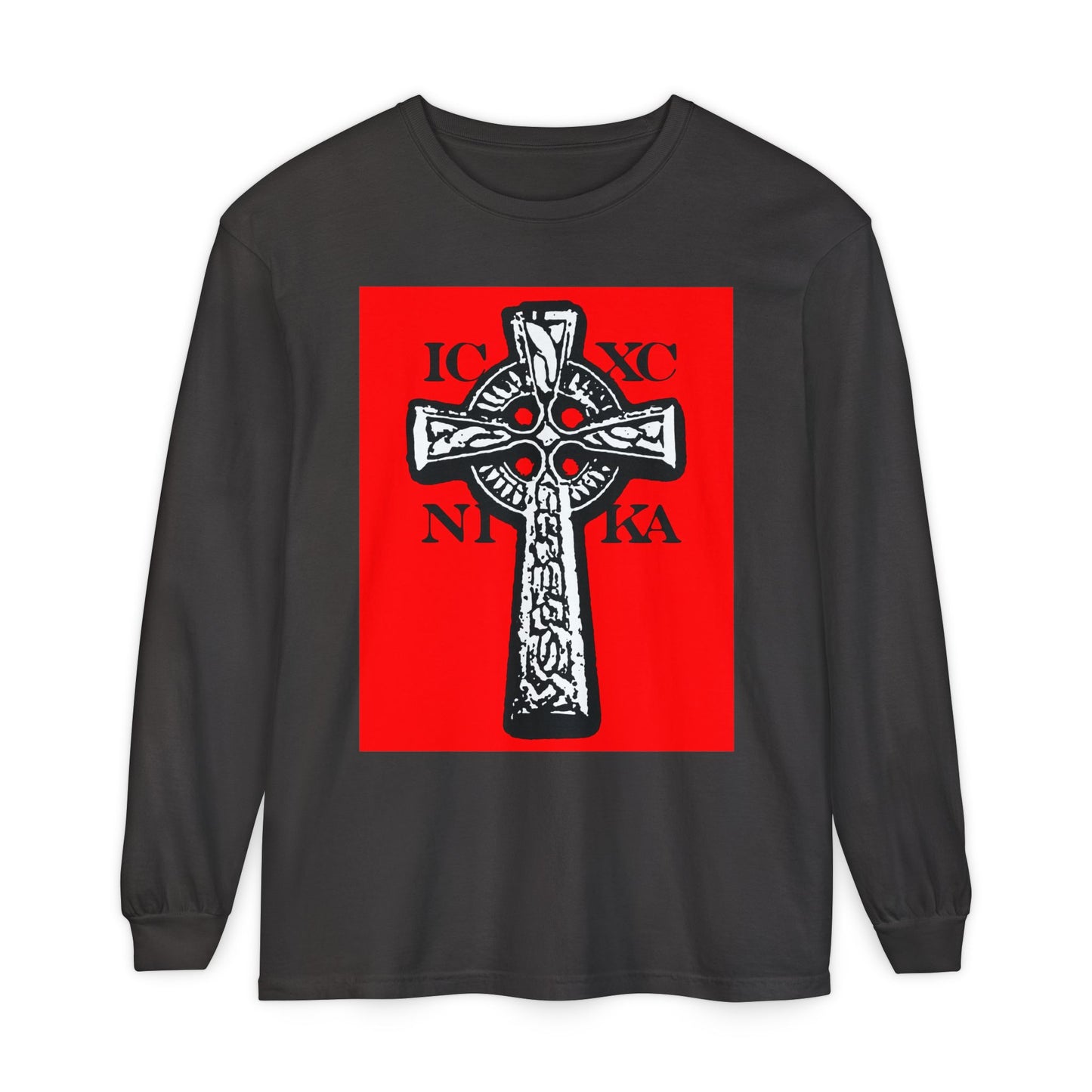 Graphite long-sleeve shirt featuring the ICXC NIKA Celtic Knotwork Cross in black and white on a red background—a traditional Orthodox Christian design celebrating Jesus Christ’s victory.