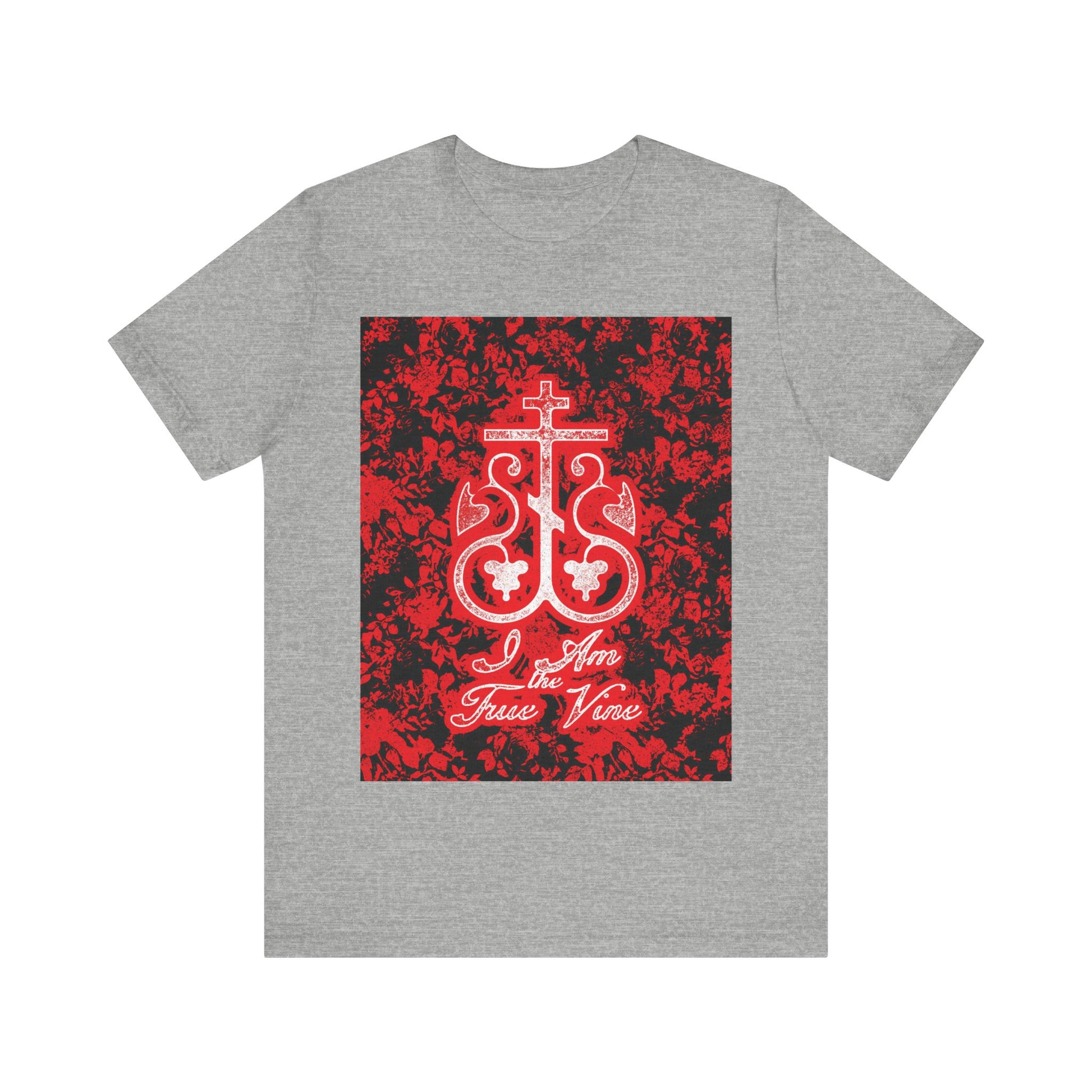 Athletic Heather t-shirt featuring a red and black Orthodox Cross Vine monogram and floral design with "I Am the True Vine" (John 15:1) text—an Orthodox Christian tee inspired by the call to bear fruit.