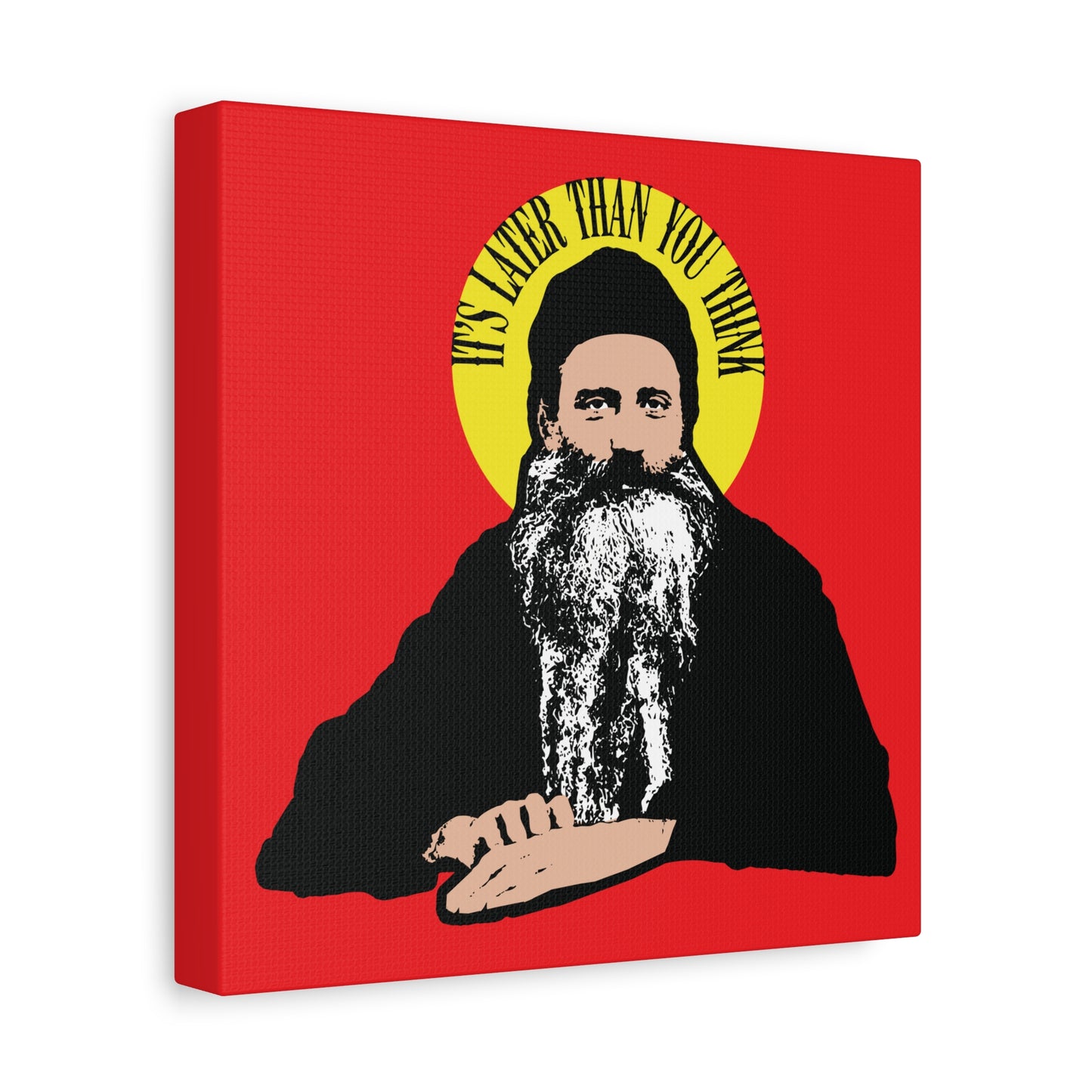 Modern wall art titled "It's Later Than You Think" features a stylized illustration of Fr Seraphim Rose with a yellow halo on a red background, highlighting an Orthodox Christian quote for reflection.