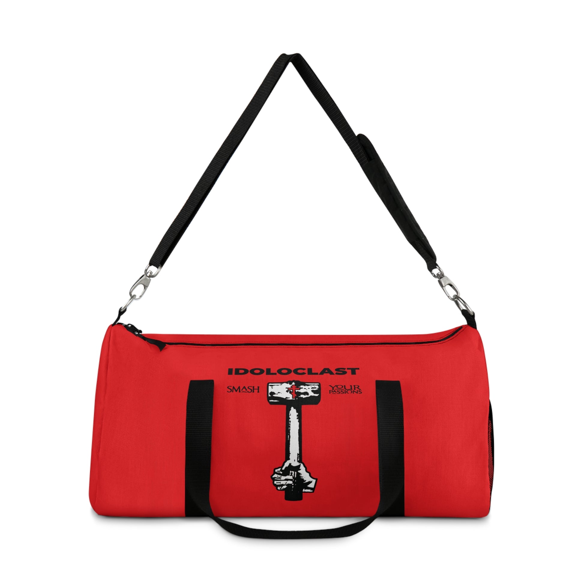 Red gym duffel bag featuring a Jesus NIKA fist and sledgehammer graphic with "Idoloclast Idol-Smasher"—a bold Orthodox Christian statement to smash your passions, inspired by St. John Climacus.