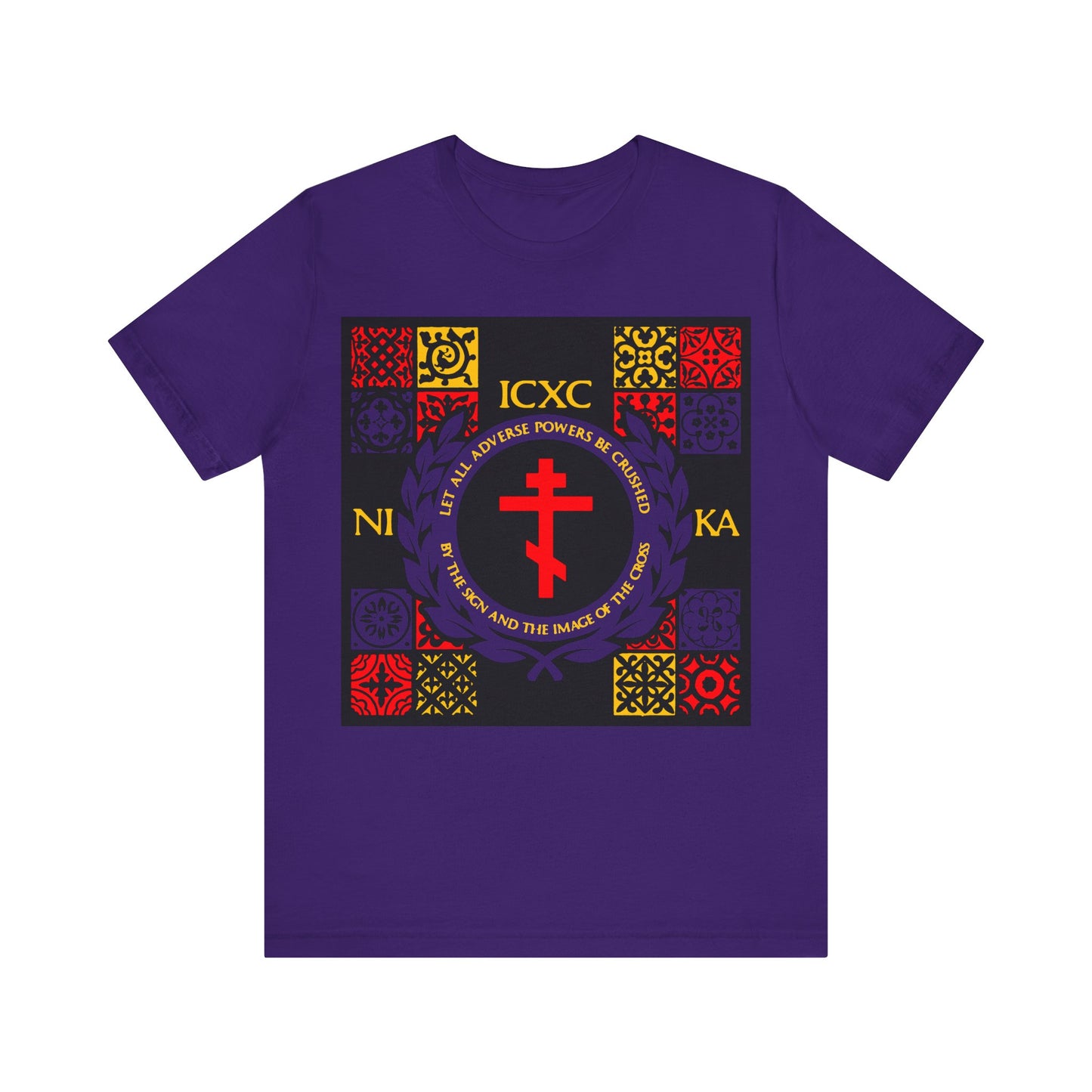 Let All Adverse Powers Be Crushed (Red, Yellow & Blue Design) | ICXC NIKA | Medieval Tile Design | Orthodox Christian T-Shirt