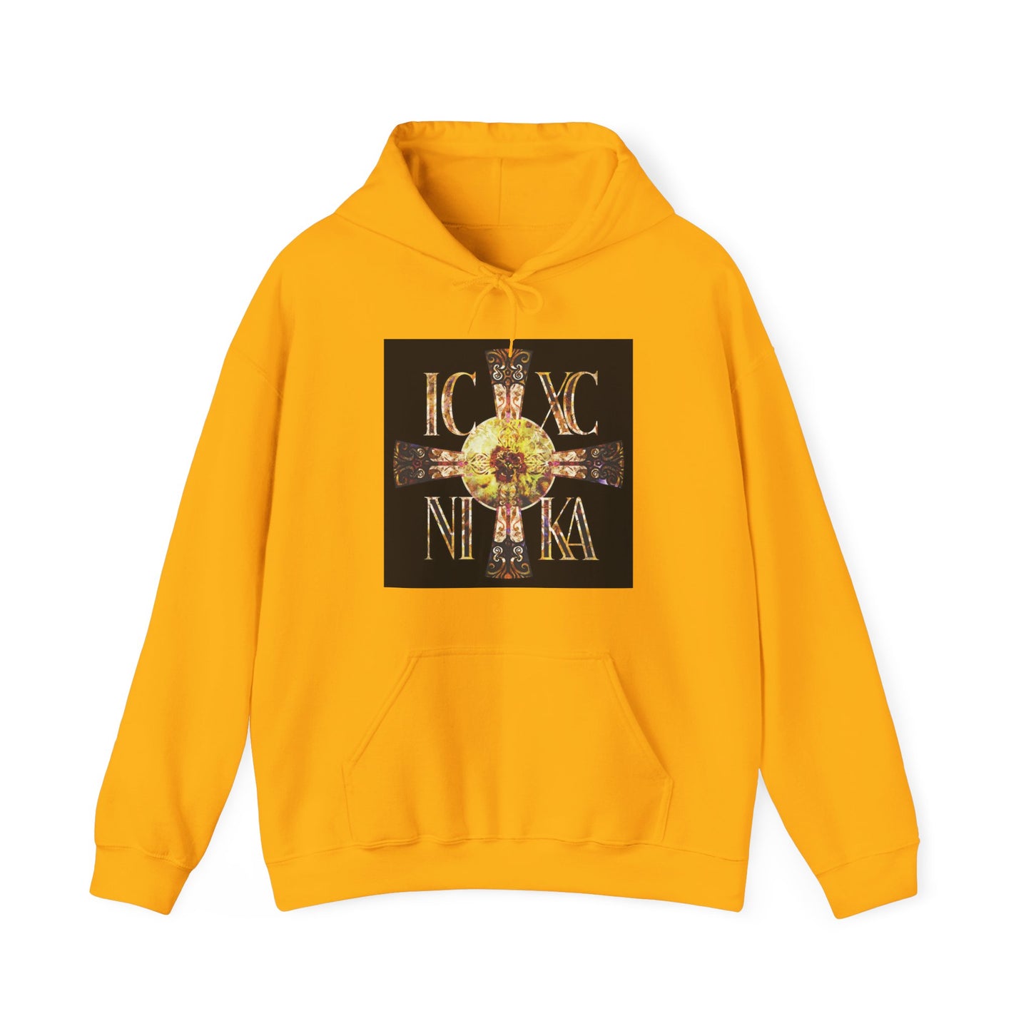ICXC NIKA Celtic Style Equal Armed Cross | Bright Solar Texture | Orthodox Christian Hoodie