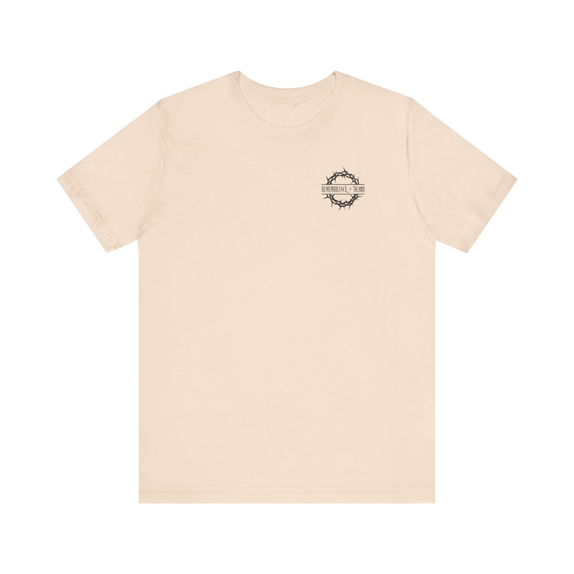 Beige Orthodox Christian T-shirt featuring a small black "Dead to this World" branded graphic on the left chest and a goth flower cross & skull back print with 70s typography, inspired by the Ladder of Divine Ascent.