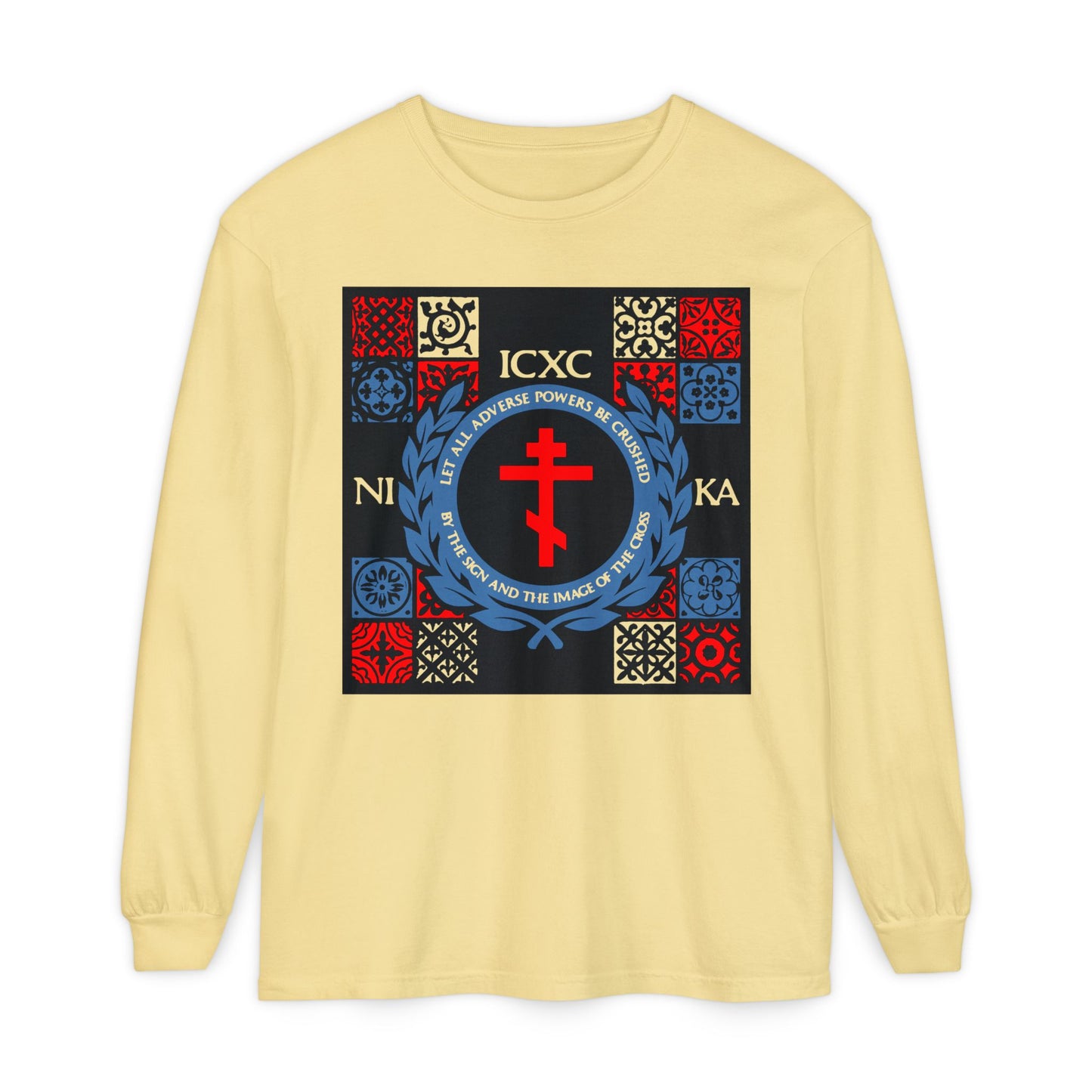 Let All Adverse Powers Be Crushed (Red, Yellow & Blue Design) | ICXC NIKA | Medieval Tile Design | Orthodox Christian Long Sleeve Shirt