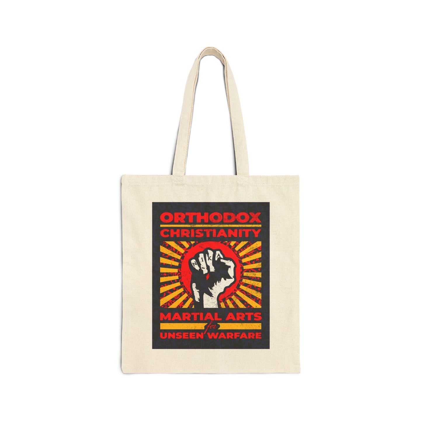 Orthodox Christianity: Martial Arts for Unseen Warfare | NIKA Jesus Fist on Colorful Sunburst Design | Orthodox Christian Tote Bag