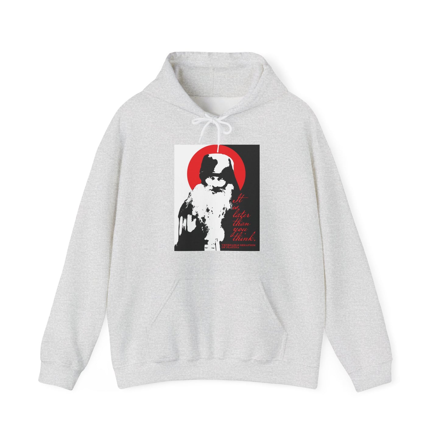 Printify’s “It’s Later Than You Think” hoodie features Fr Seraphim Rose in black and white within a red circle, plus red cursive Life is deeper than you think text. Includes front pocket and drawstrings; inspired by Orthodox spirituality.