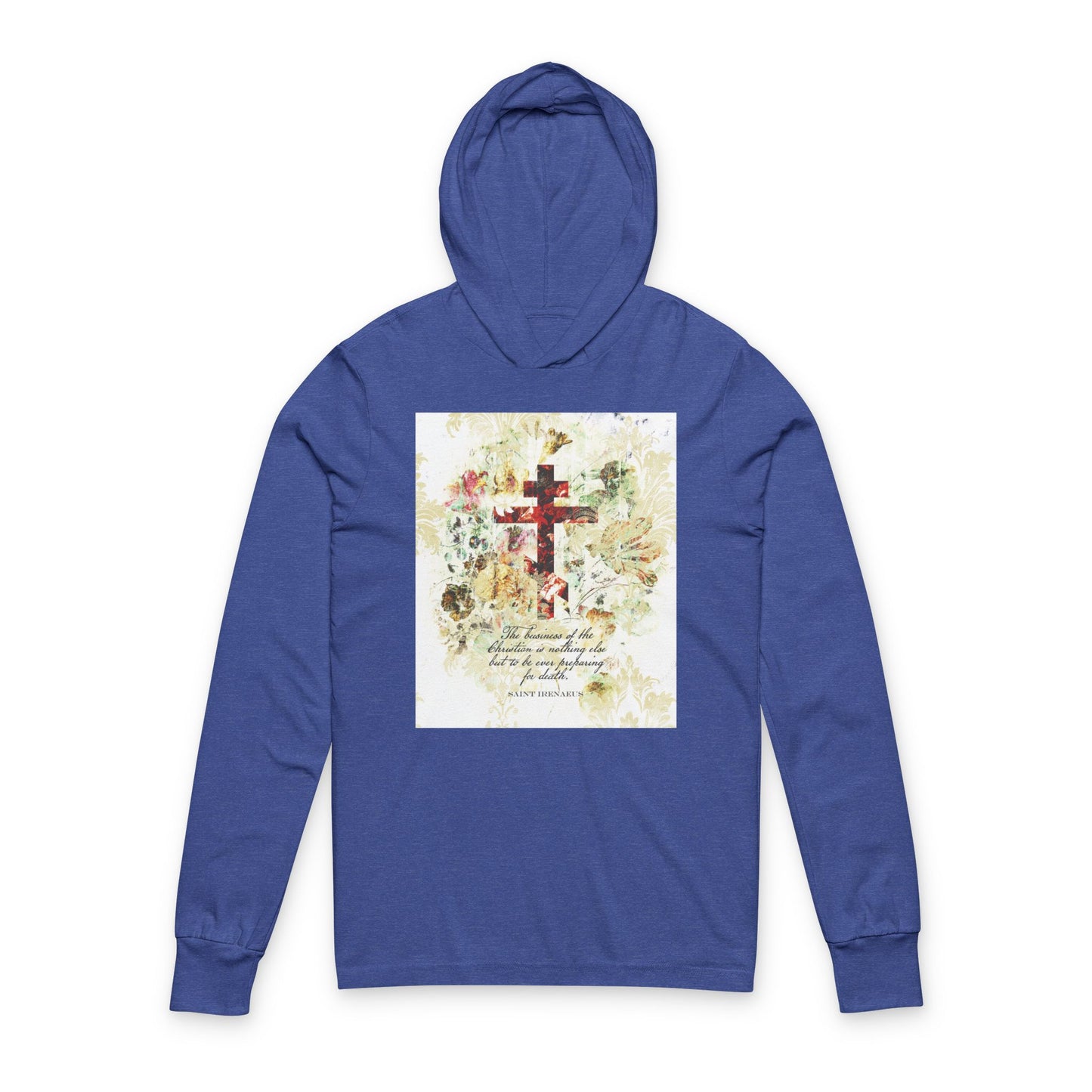 Preparing For Death | White & Beige Floral Scrapbook Texture Cross | Arts & Crafts Style | St Irenaeus | Orthodox Long Sleeve Hooded Shirt