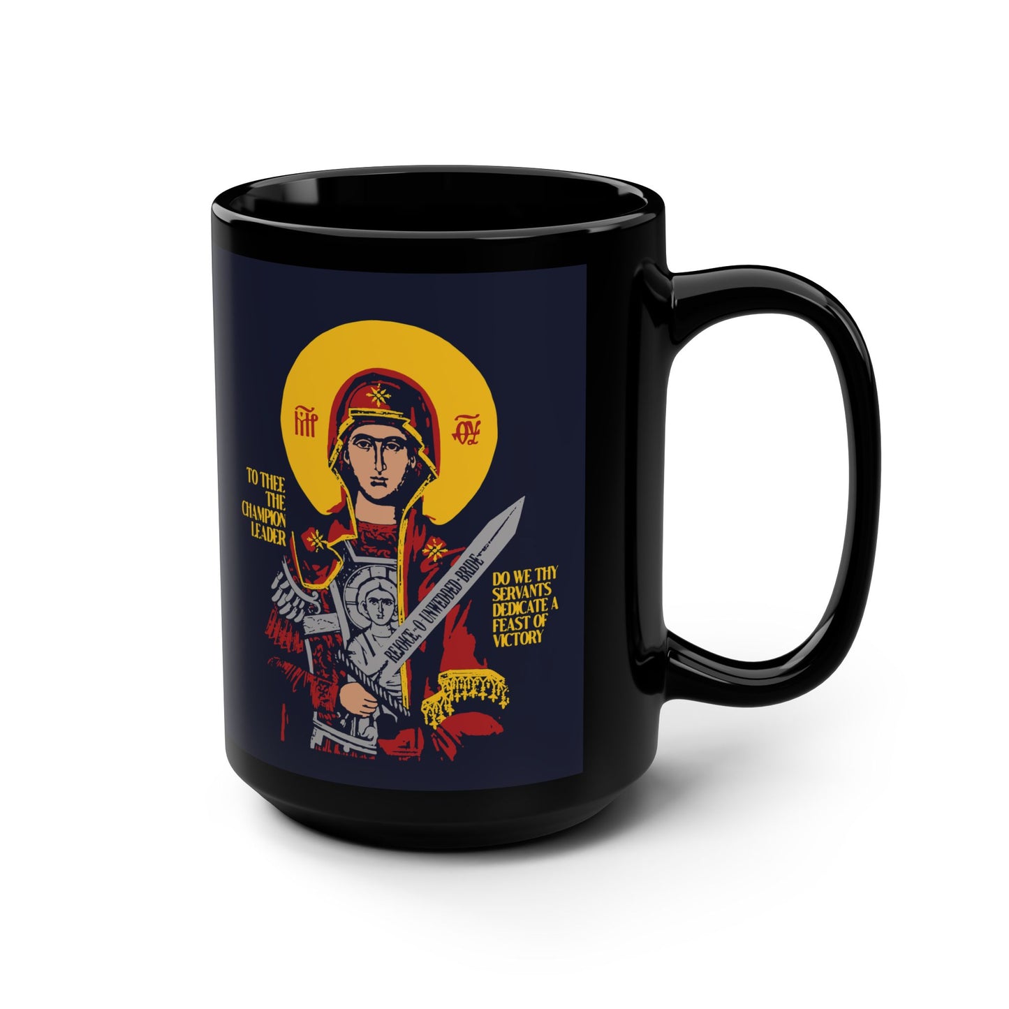 To Thee the Champion Leader | Mother of God | Theotokos with Sword IconoGraphic | Orthodox Christian Black Mug