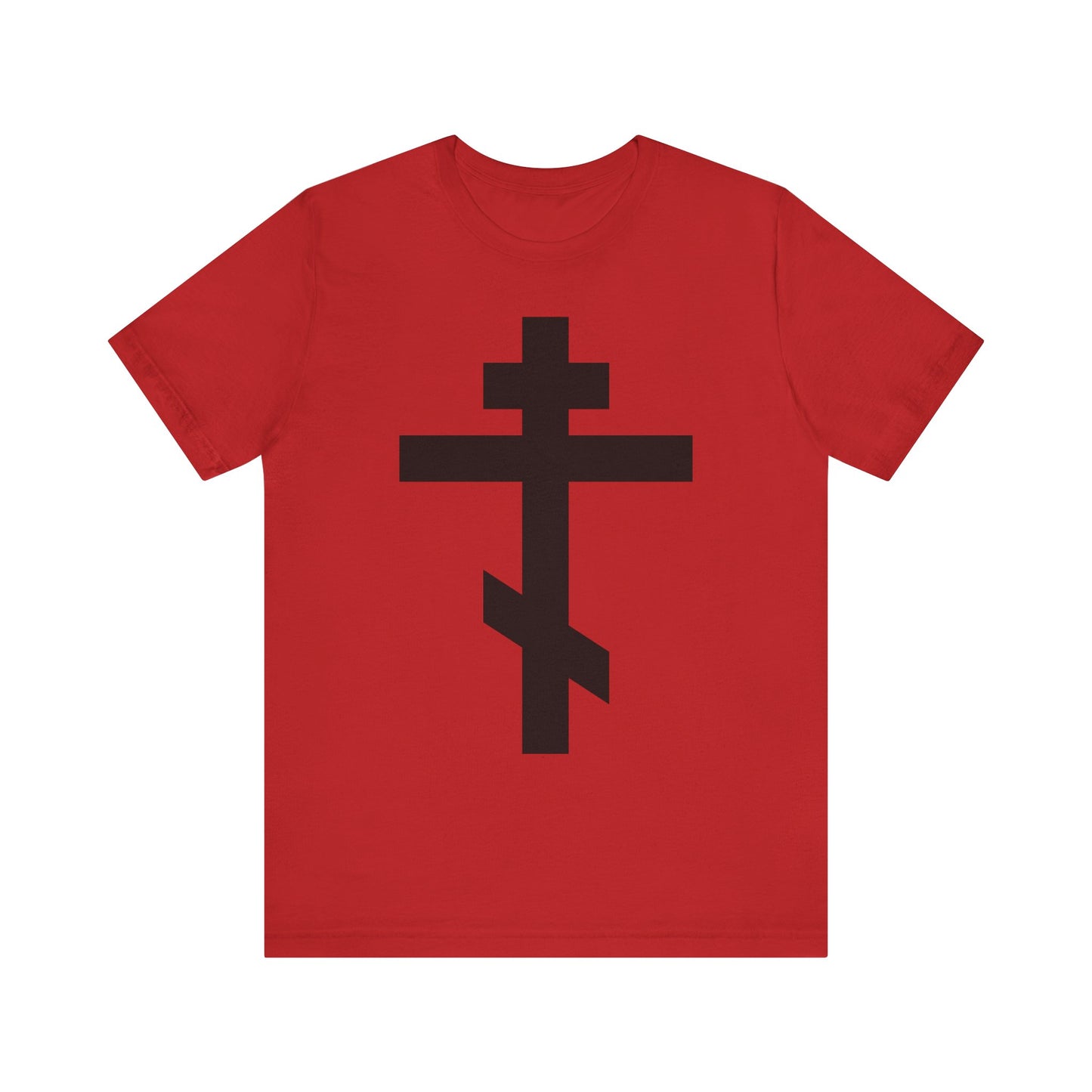 Red Lightweight Cotton Unisex Tee featuring a large black Orthodox cross and the quote, “He bore our sins on the cross so that we might die to sin & live to righteousness.”.