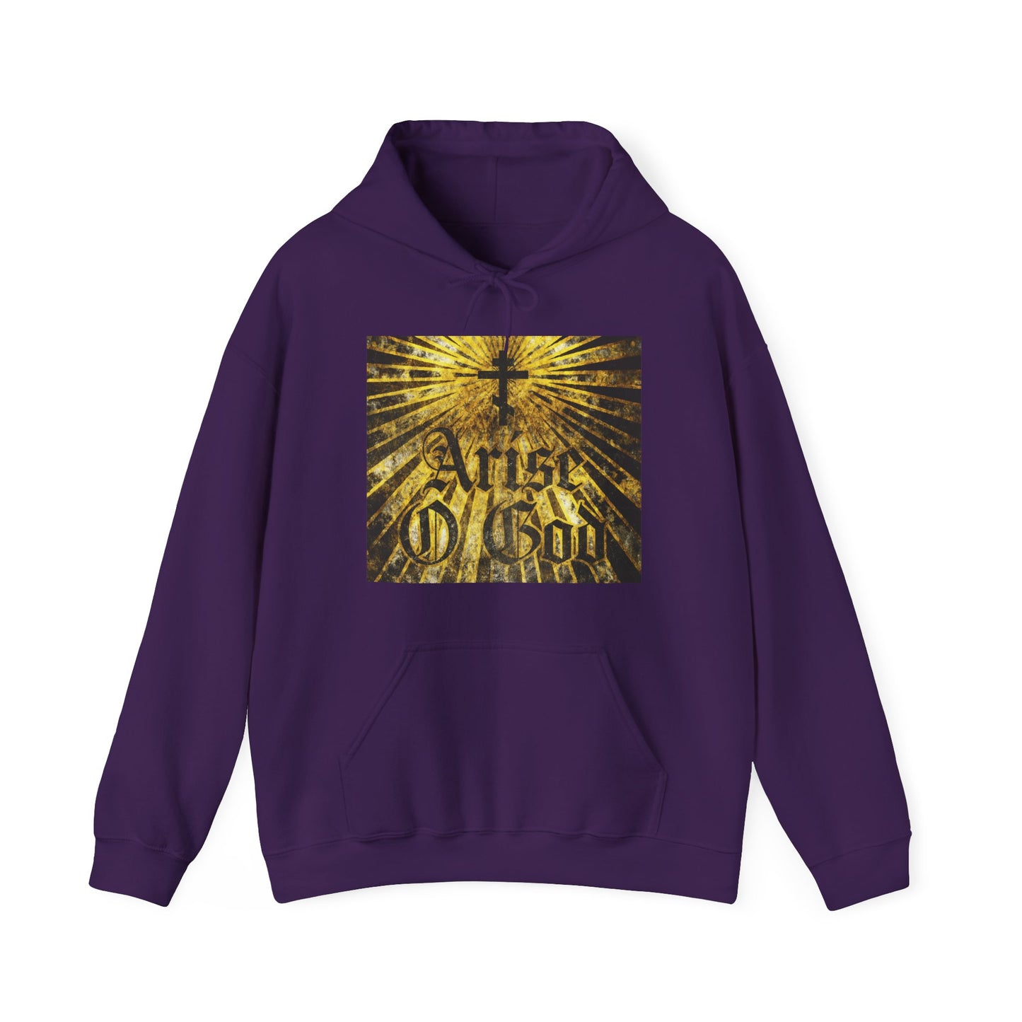 Purple "Arise O God" hoodie featuring Psalm 81 (82 LXX) in textured gothic font, radiant gold rays, and an Orthodox cross; inspired by the Divine Council worldview in Orthodox Christianity.