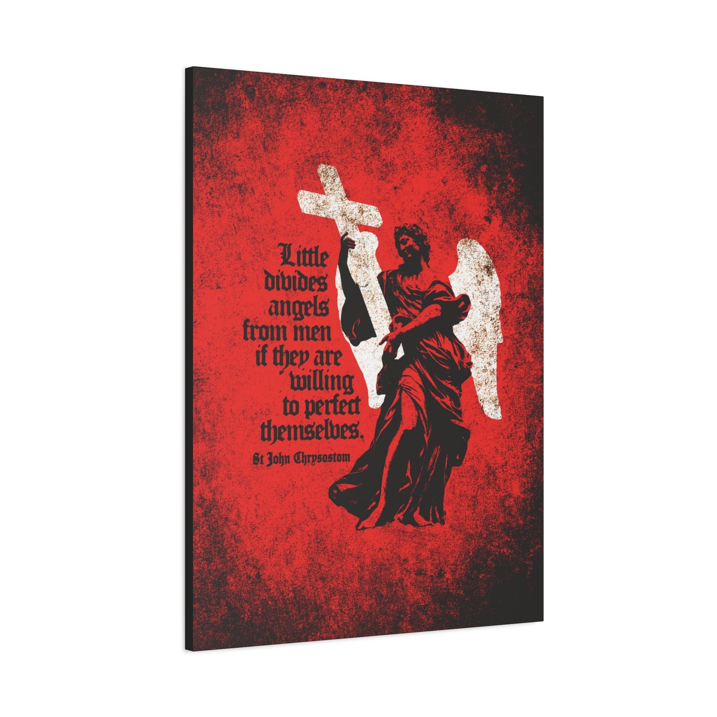 The "Little Divides Angels from Men" Orthodox Christian canvas art features a textured cemetery angel and cross, with "Be ye holy" and a red background, inspired by St John Chrysostom’s call to Christian perfection.