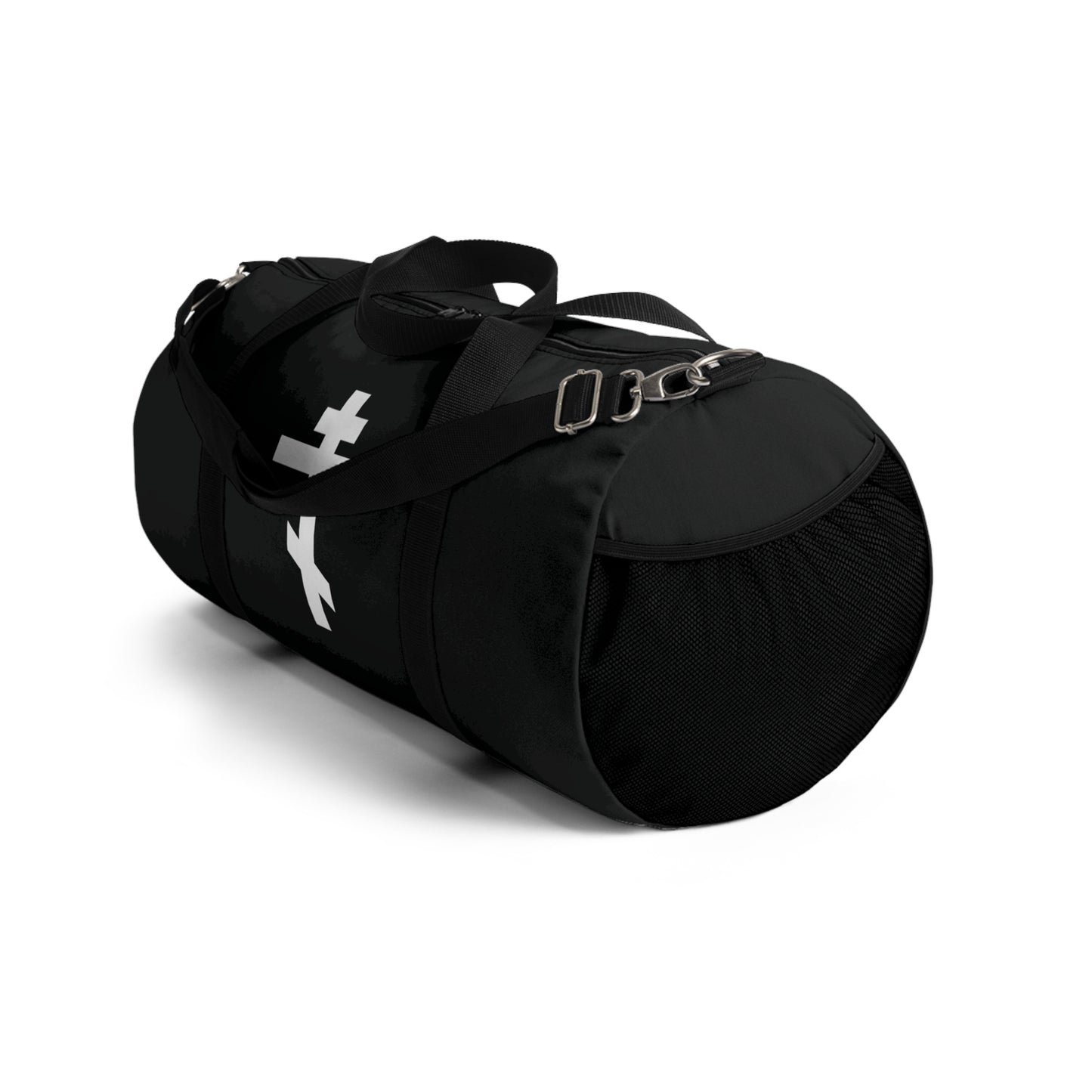 White Orthodox Cross gym duffel bag featuring the quote "May I never boast, except in the cross of our Lord Jesus Christ" (Gal 6:14), inspired by Orthodox tradition, with adjustable shoulder strap. Shown on a white background.