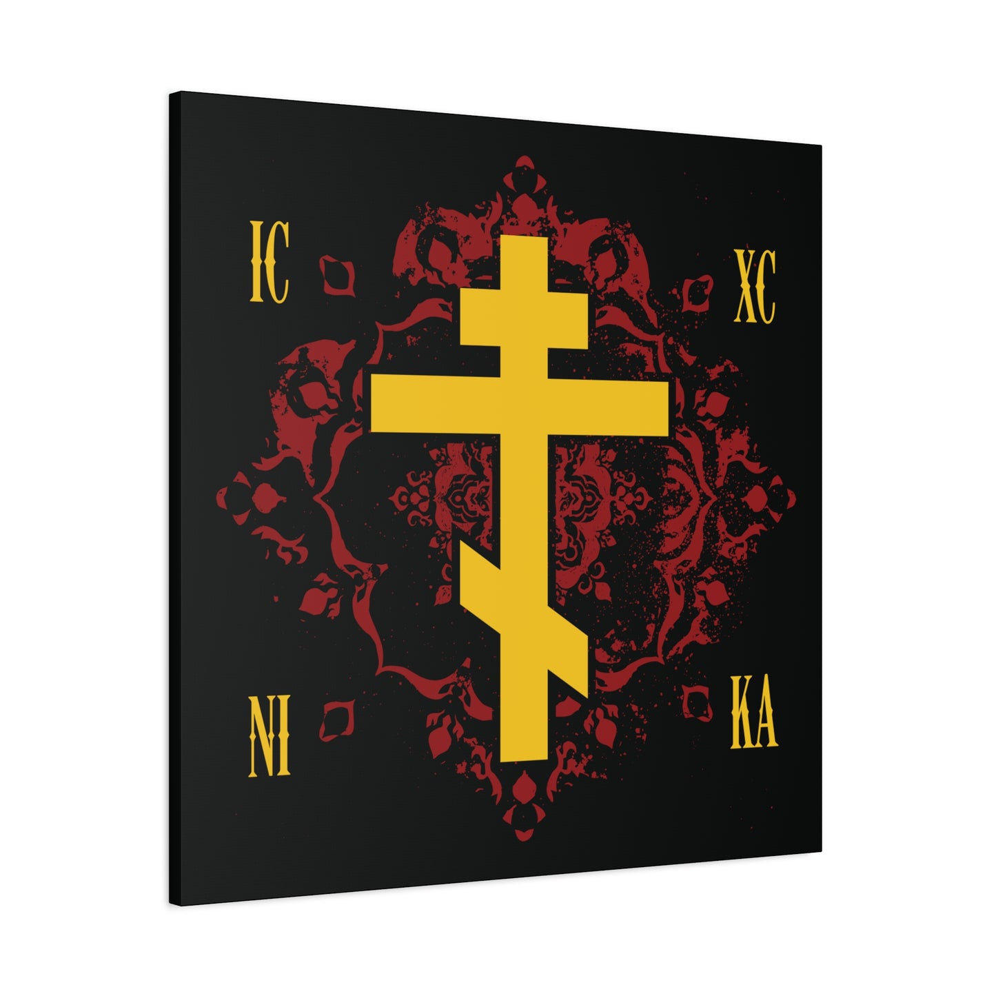The ICXC NIKA Yellow Russian Cross Canvas Art features an ornate red background with "Jesus Christ Conquers," symbolizing Orthodox Christian faith and the grace of sonship in Christ.