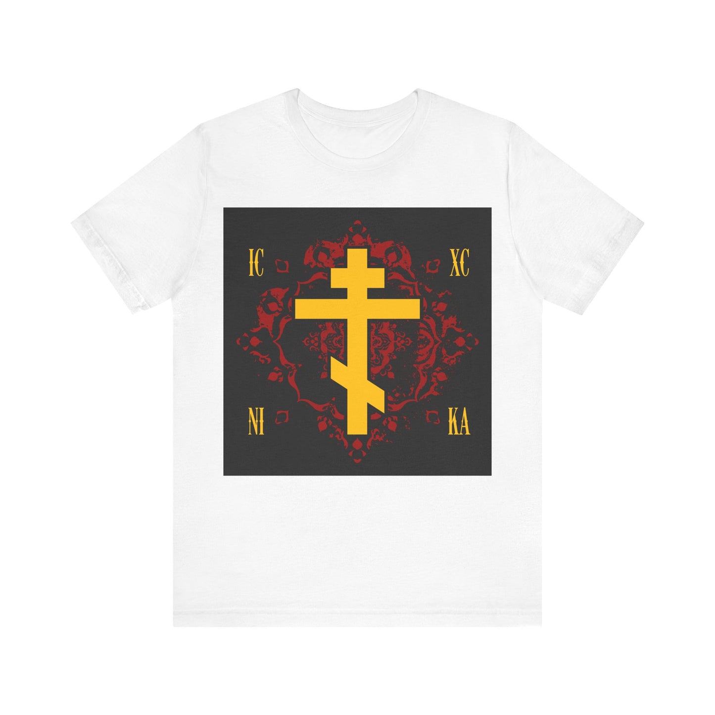 ICXC NIKA Yellow Russian Cross on Ornate Red Background Design | Jesus Christ Conquers | Orthodox Christian T-Shirt