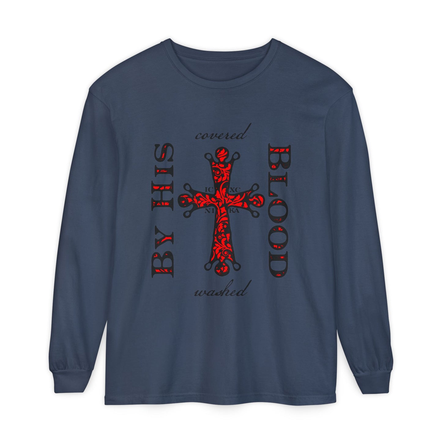 Washed/Covered By His Blood (1 John 1:7) | ICXC NIKA Ornate Red Orthodox Cross | Orthodox Christian Long Sleeve Shirt