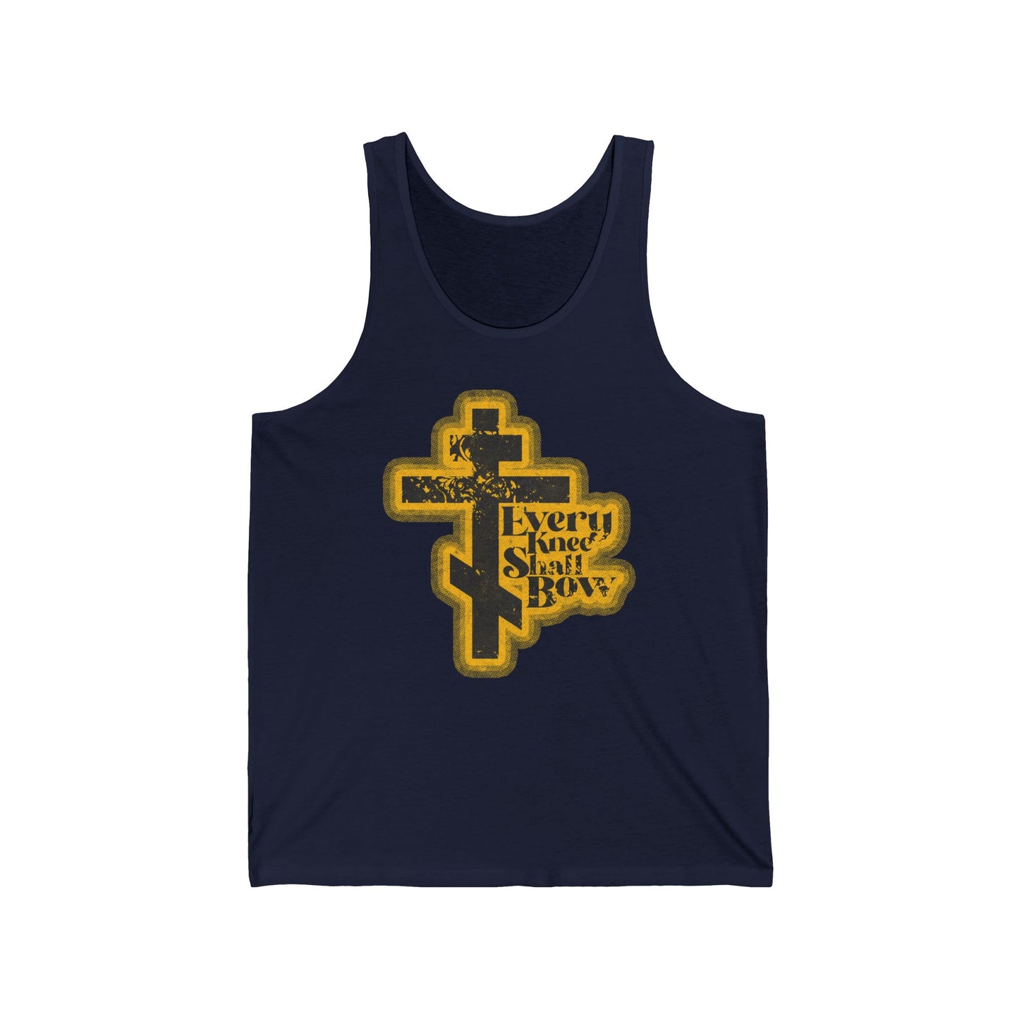 Navy tank top with a 70s distressed comic book design, featuring “Every Knee Shall Bow” and bold text inspired by Philippians 2:10-11 and Isaiah 45:23. Orthodox Christian apparel declaring Jesus Christ is Lord.