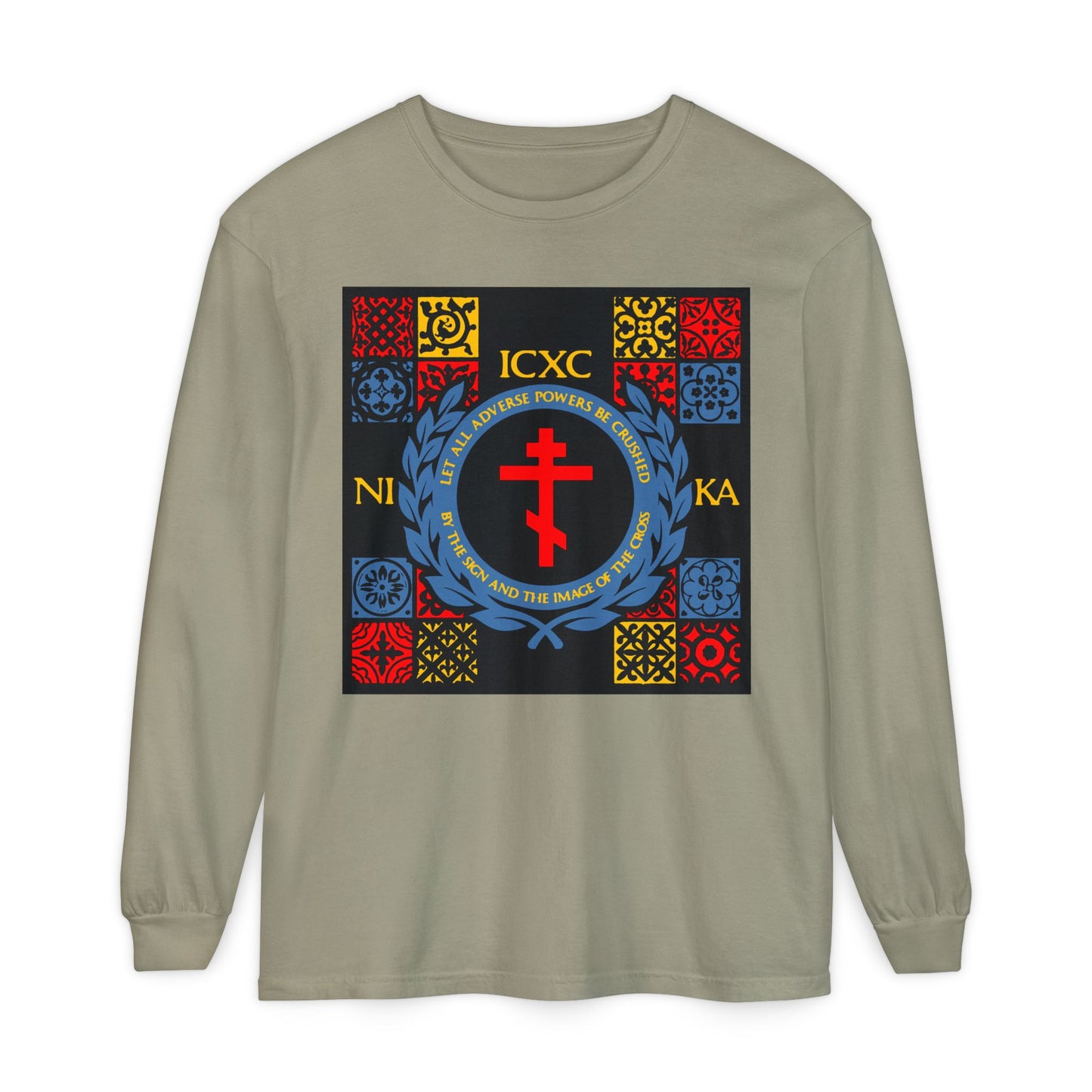 Let All Adverse Powers Be Crushed (Red, Yellow & Blue Design) | ICXC NIKA | Medieval Tile Design | Orthodox Christian Long Sleeve Shirt