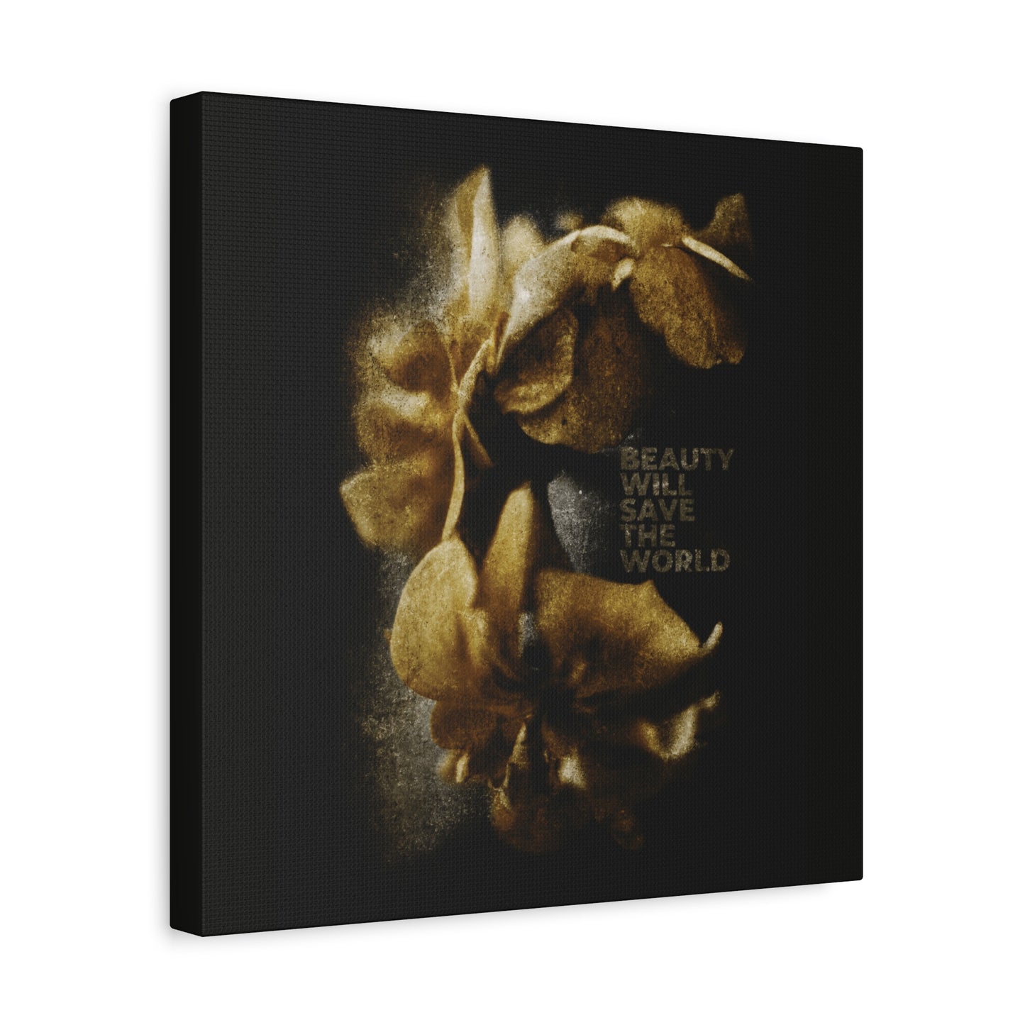 Golden orchids on black with “BEAUTY WILL SAVE THE WORLD” at center—this photographic artwork honors Jesus Christ, Universal Creator & King. Christian wall art inspired by Dostoevsky, celebrating goodness and beauty.