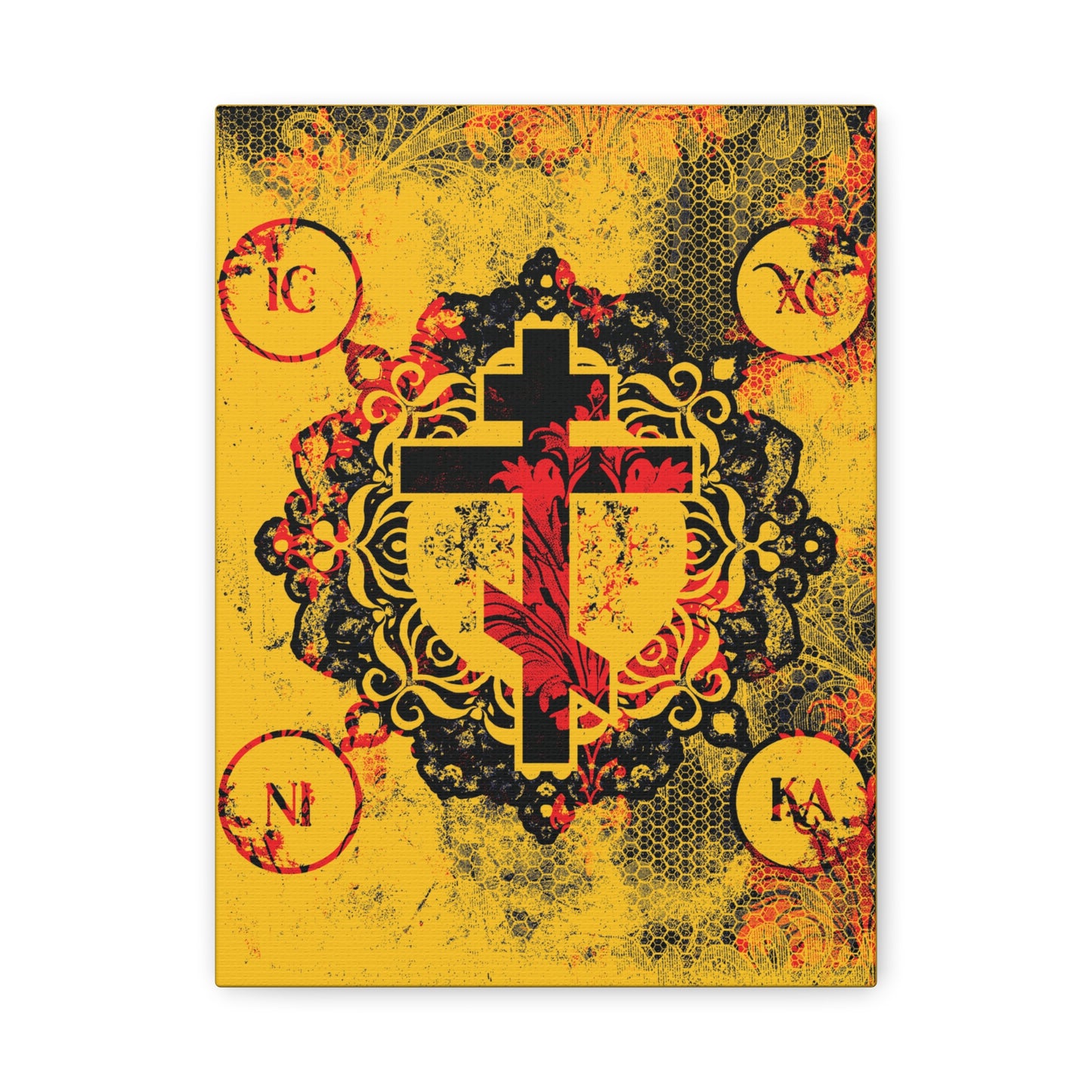IC XC NIKA Orthodox Cross | Yellow & Red Modern & Medieval Textured Floral Design | Orthodox Christian Canvas Art