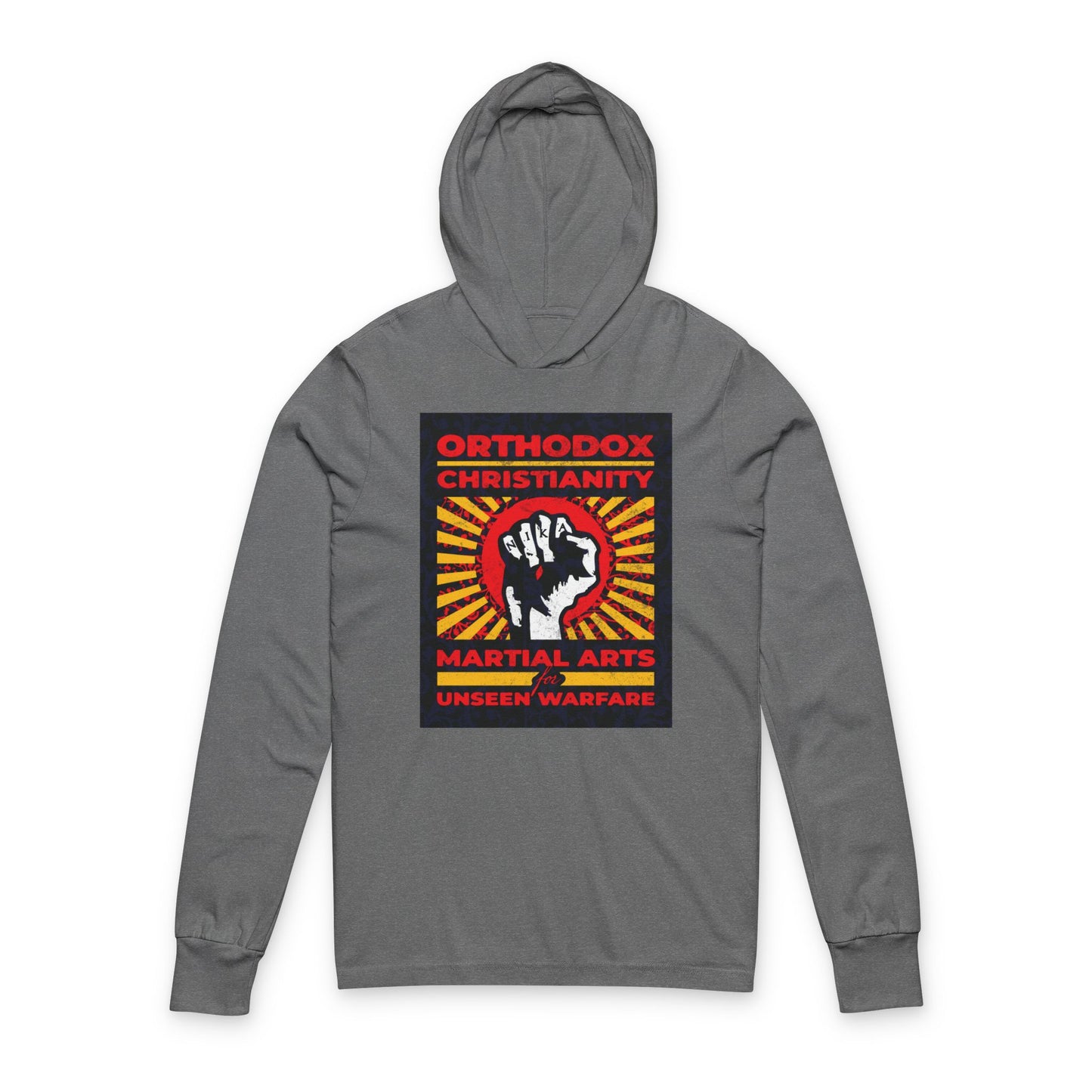 Orthodox Christianity: Martial Arts for Unseen Warfare | NIKA Jesus Fist on Colorful Sunburst Design | Orthodox Long Sleeve Hooded Shirt