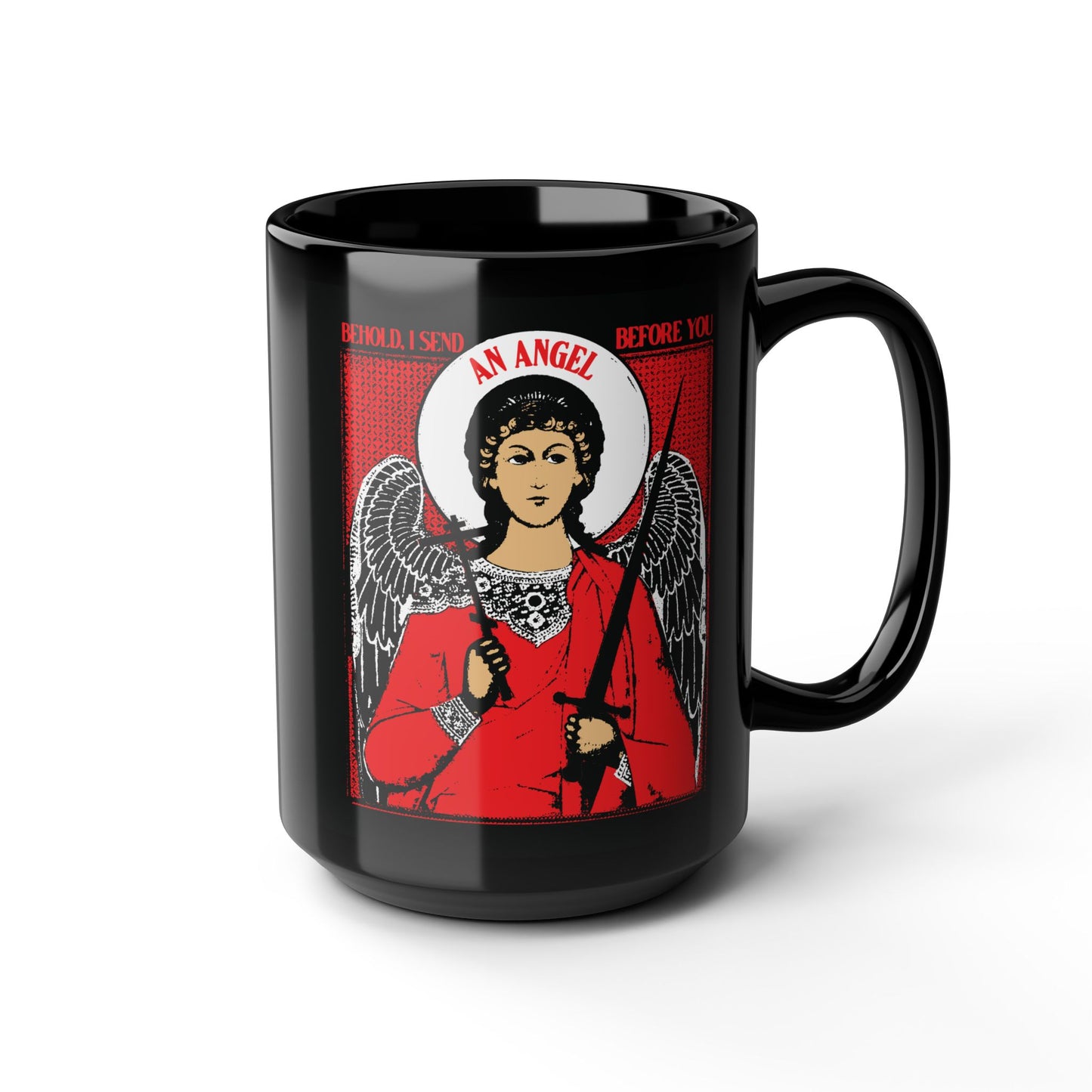 Behold I Send an Angel Before You (Ex 23:20) | Guardian Angel With Cross & Sword IconoGraphic | Orthodox Christian Black Mug