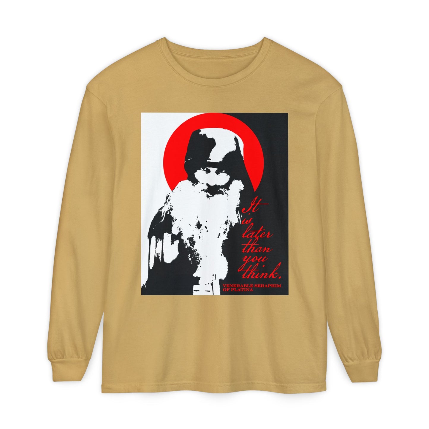 The Remembrance of Death "It's Later Than You Think" long sleeve features a bold black and white image of Fr Seraphim Rose with a red halo and text, drawing on Orthodox spiritual themes in a modern, high-contrast Christian design.