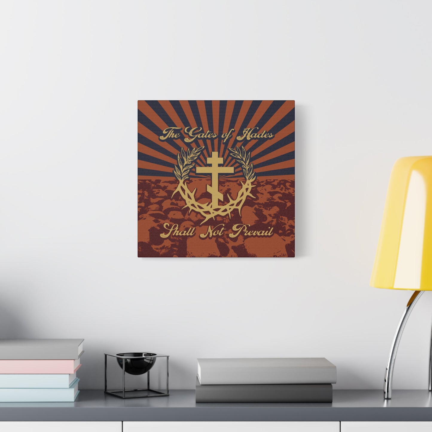 The Gates of Hades Shall Not Prevail | Cross with Wreath & Crown of Thorns | Skulls and Rays | Orthodox Christian Canvas Art