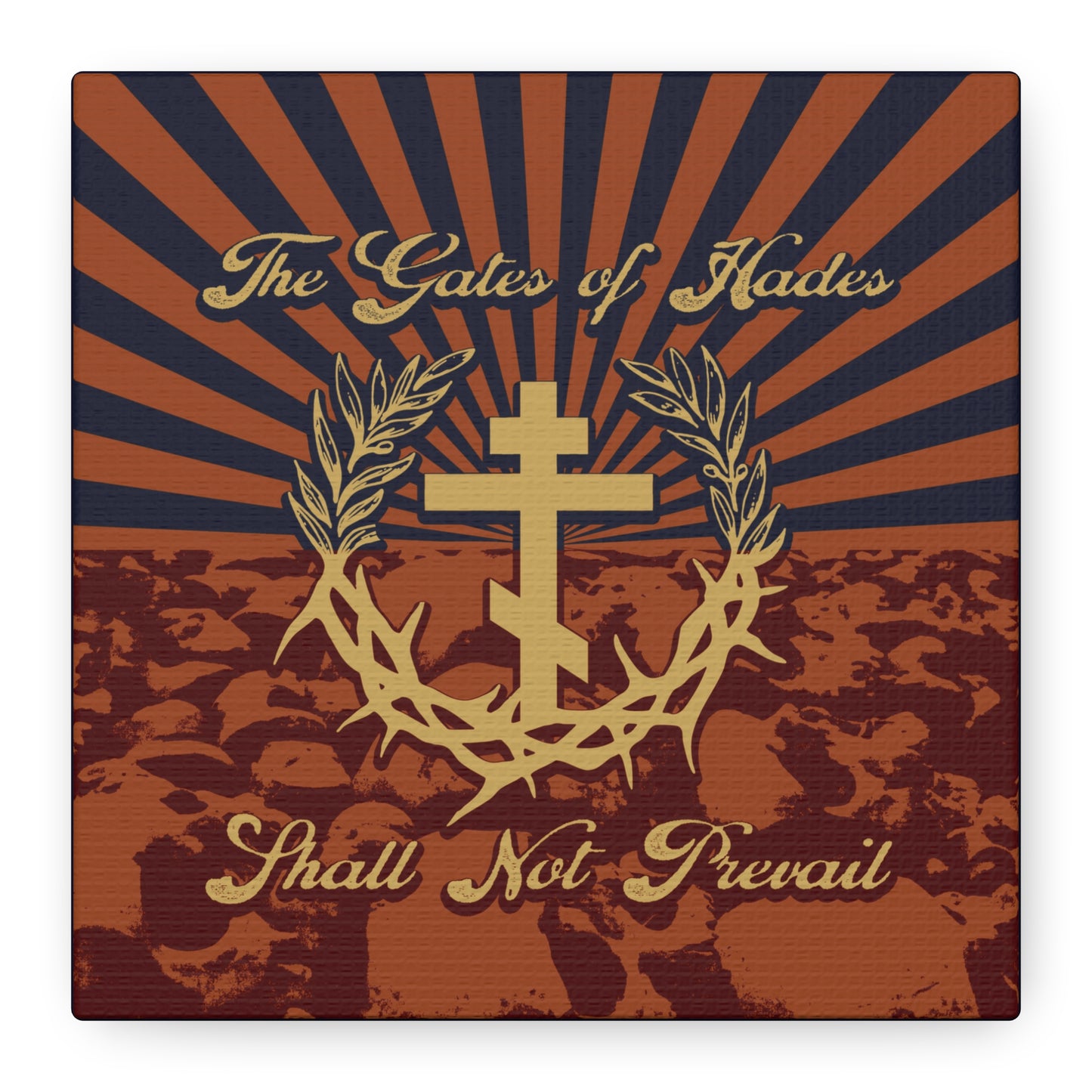 The Gates of Hades Shall Not Prevail | Cross with Wreath & Crown of Thorns | Skulls and Rays | Orthodox Christian Canvas Art