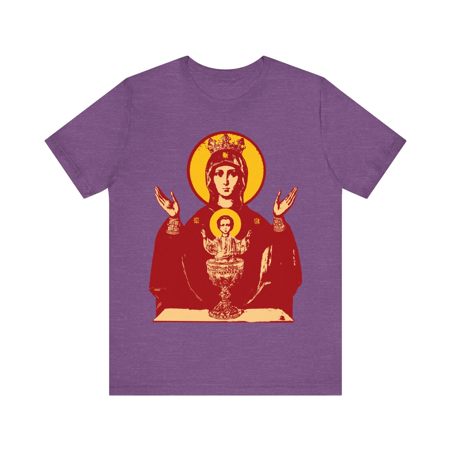 Heather Team Purple Orthodox Christian T-shirt featuring the Holy Theotokos IconoGraphic of the Inexhaustible Chalice—Deliverer from Addictions and Conqueror of Passions. Inspired by the Akathist "Inexhaustible Cup.