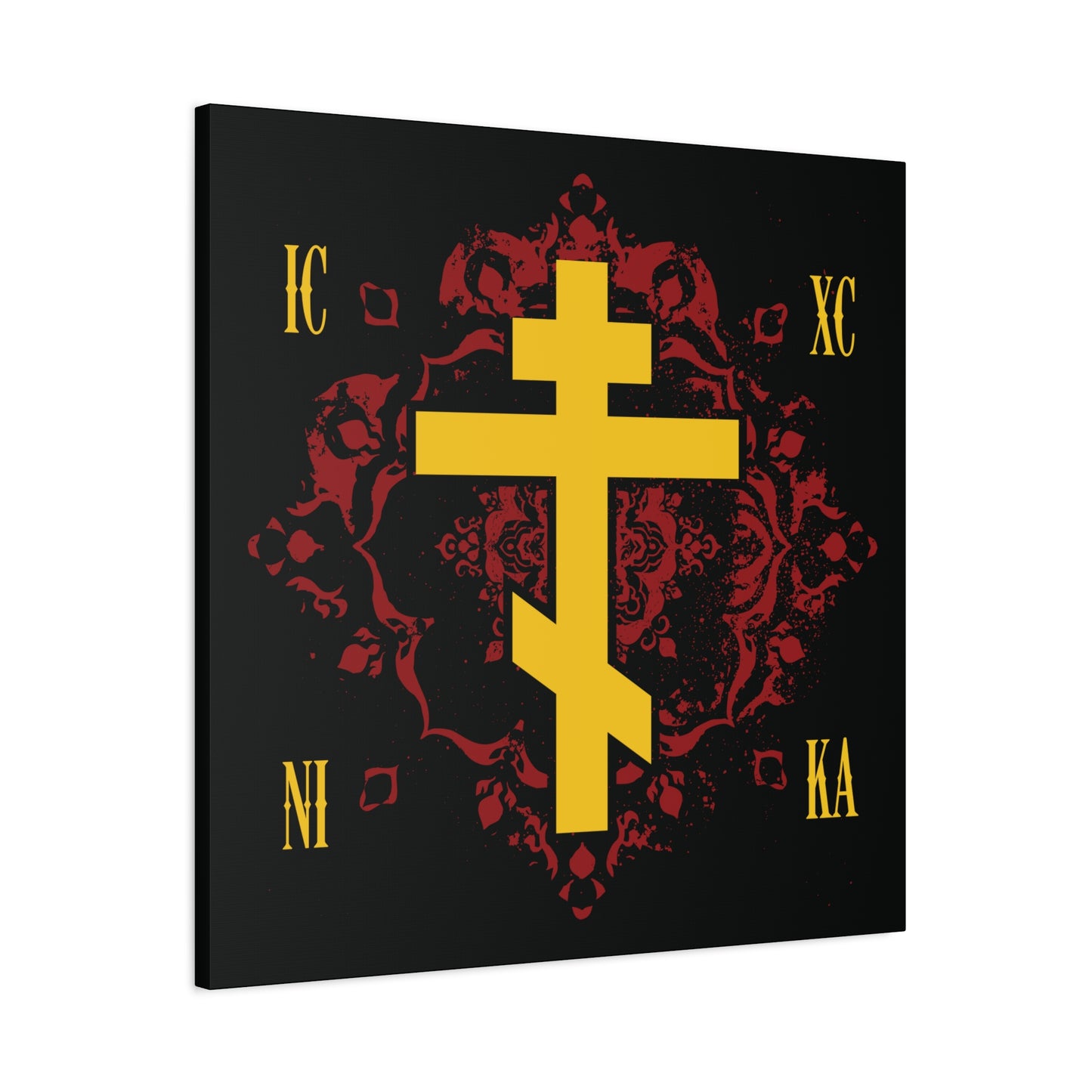 The ICXC NIKA Yellow Russian Cross on an ornate red background symbolizes Christ’s victory, featuring “Jesus Christ Conquers” in Greek—an ideal Orthodox Christian canvas art for your space.