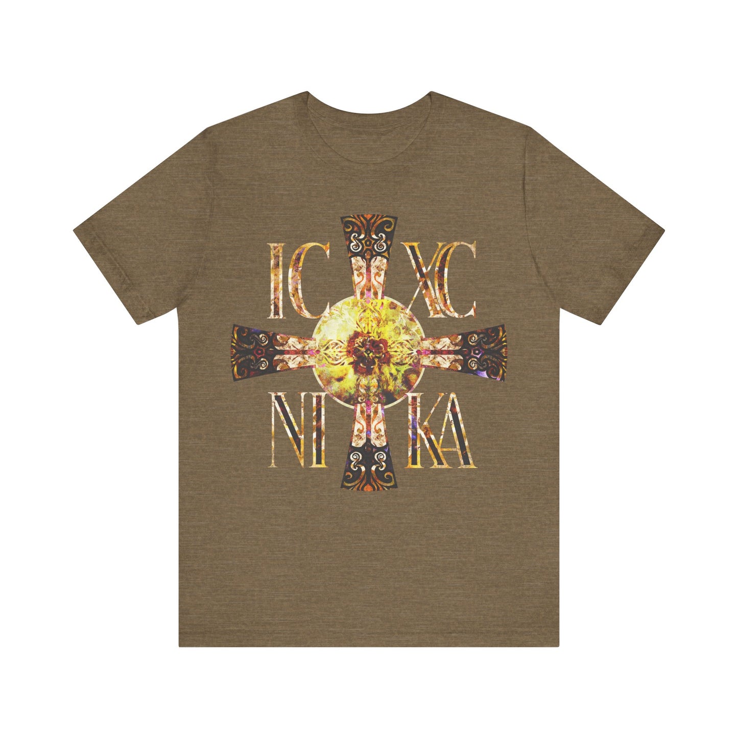 ICXC NIKA Celtic Style Equal Armed Cross | Bright Solar Texture | Orthodox Christian T-Shirt