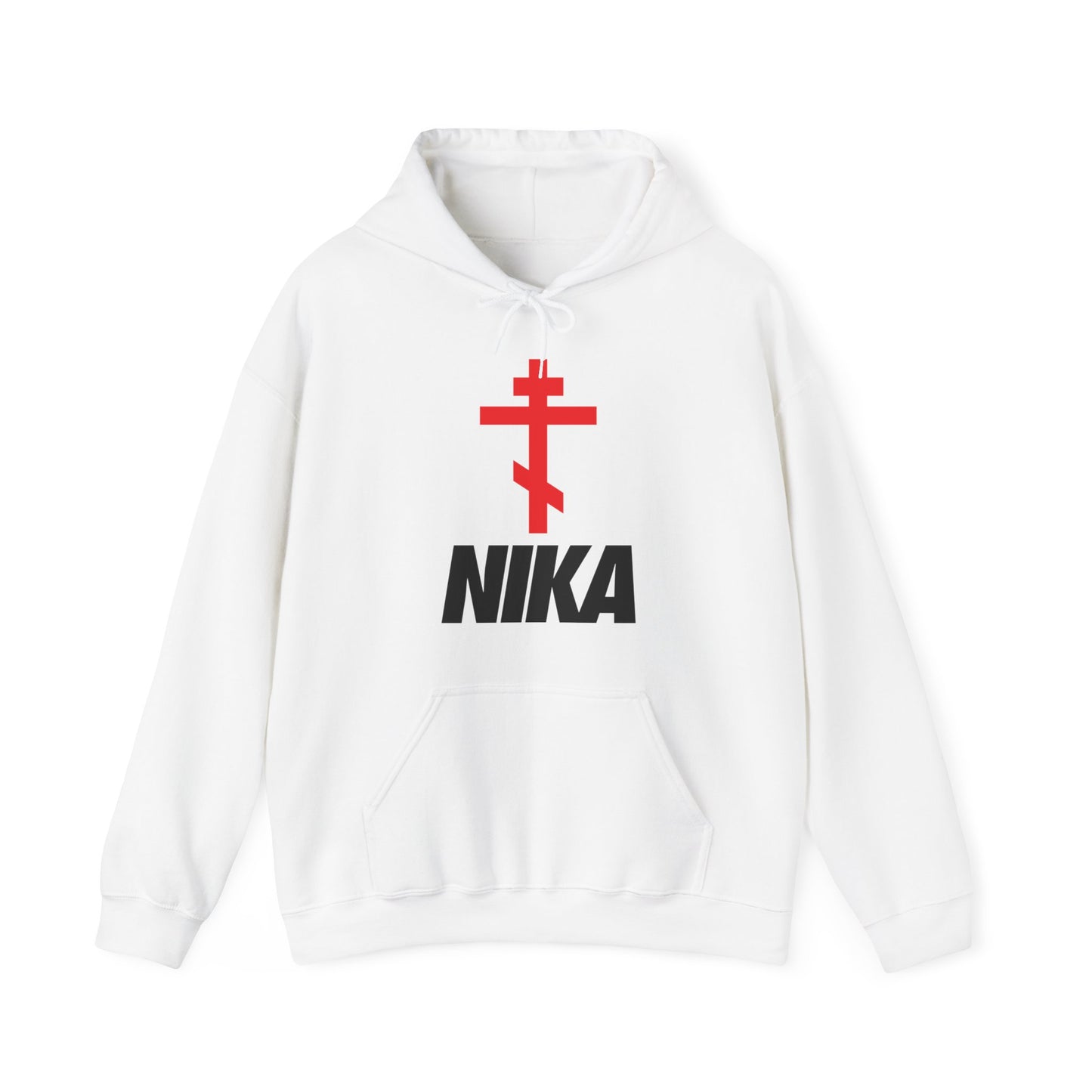 NIKA Red Russian Cross Black Text | NIKE Logo Mashup | Minimalist Corporate Sports Logo Aesthetic | Orthodox Christian Hoodie / Hooded Sweatshirt-White-S-Remembrance of Death