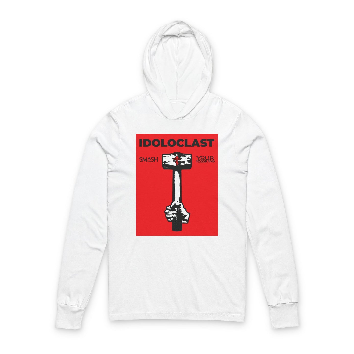 White hoodie featuring a red square with the Jesus NIKA fist holding a sledgehammer, inspired by Christian asceticism. Bold "IDOLCLAST: Smash Your Passions" design nods to Orthodox tradition.